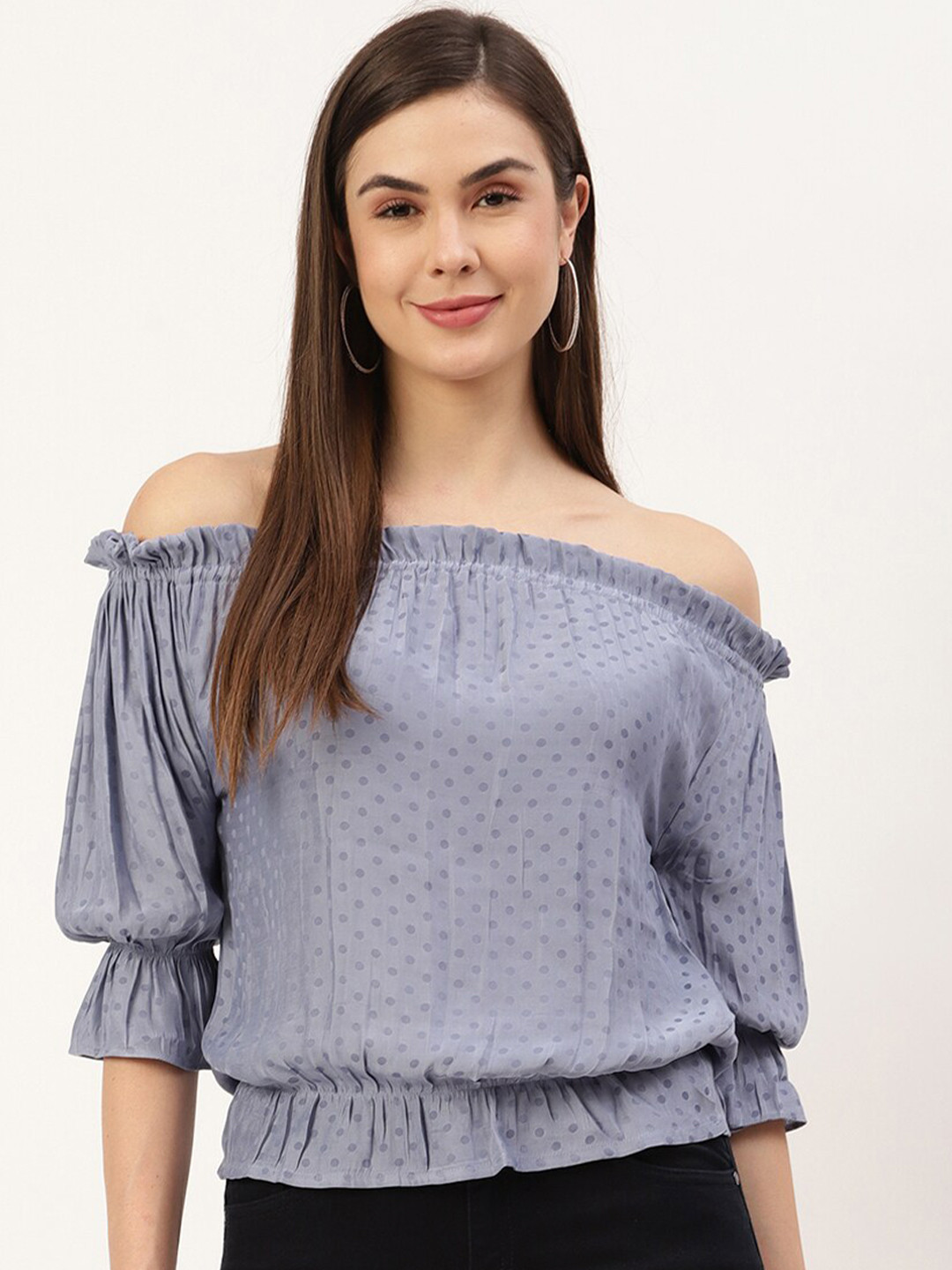 ZOELLA Women Navy Blue Off-Shoulder Puff Sleeve Top