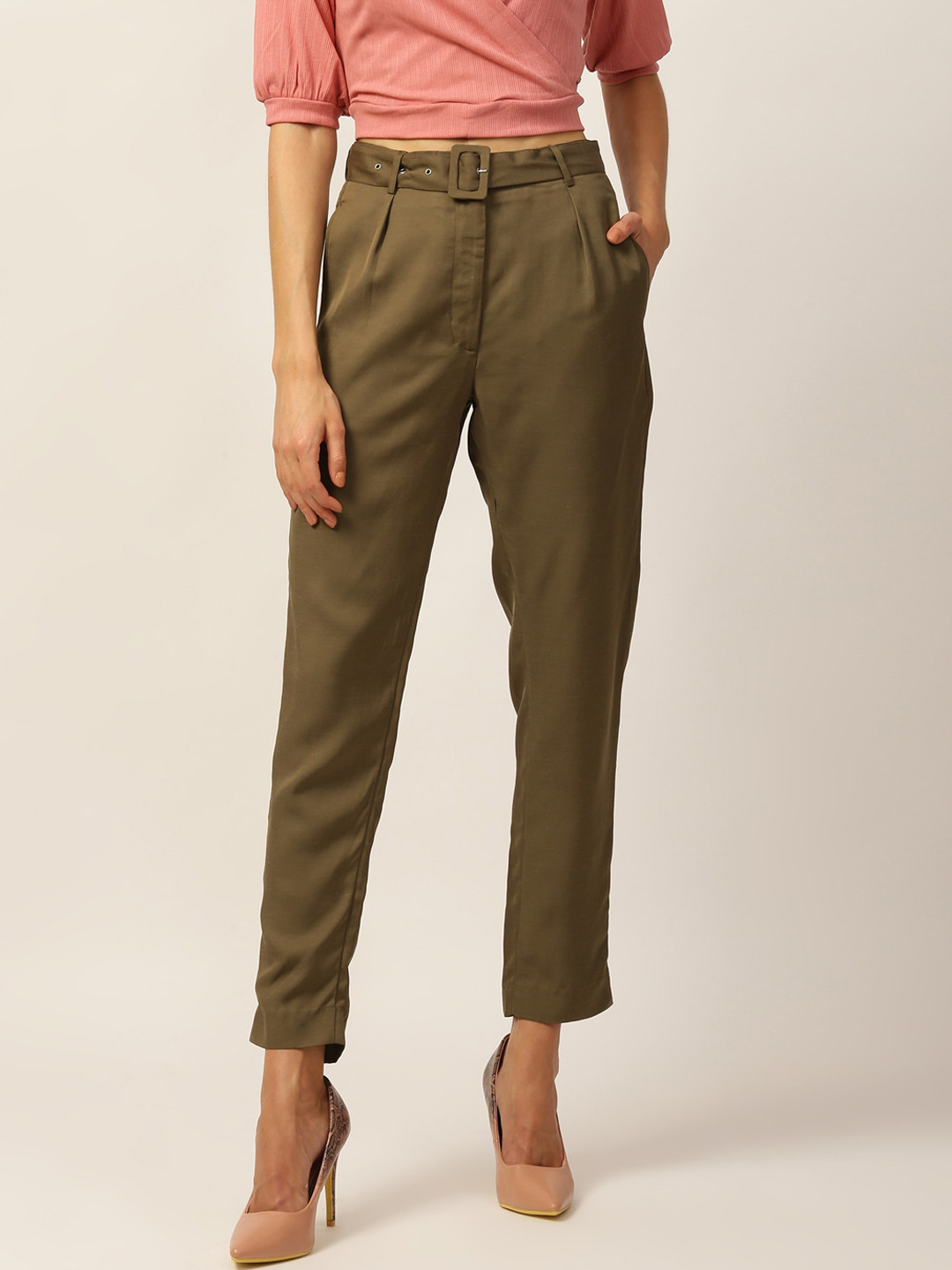 ZOELLA Women Olive Green Cropped Trousers