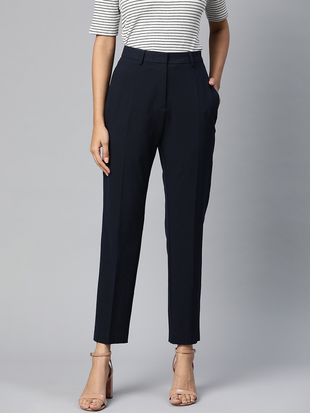 Buy Marks & Spencer Women Navy Blue Solid Slim Fit Trousers - Trousers for  Women 15049868