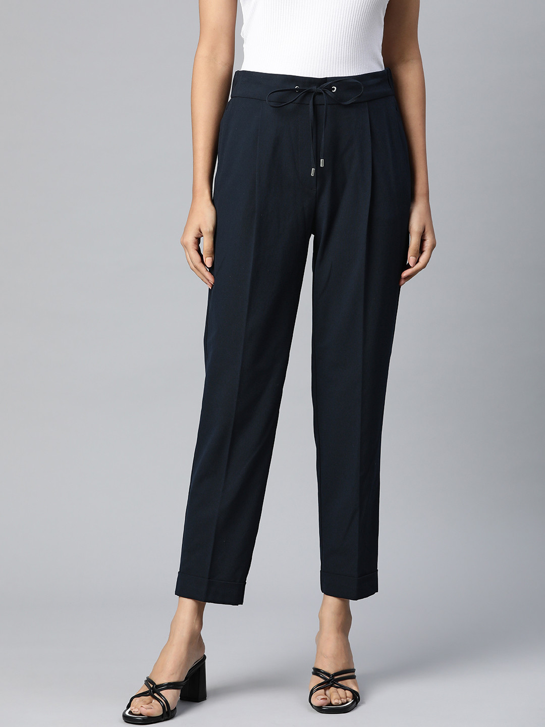 Marks & Spencer Women Navy Blue Solid Loose Fit Pleated Trousers