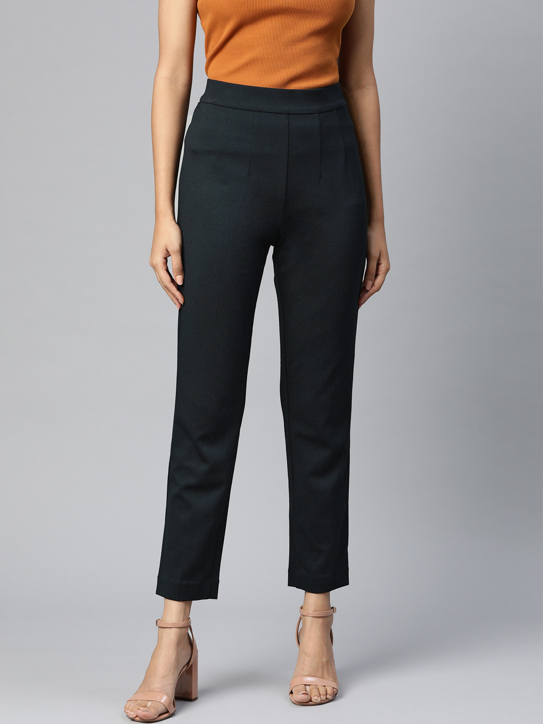 Marks & Spencer Women Navy Blue Solid Slim Fit Trousers