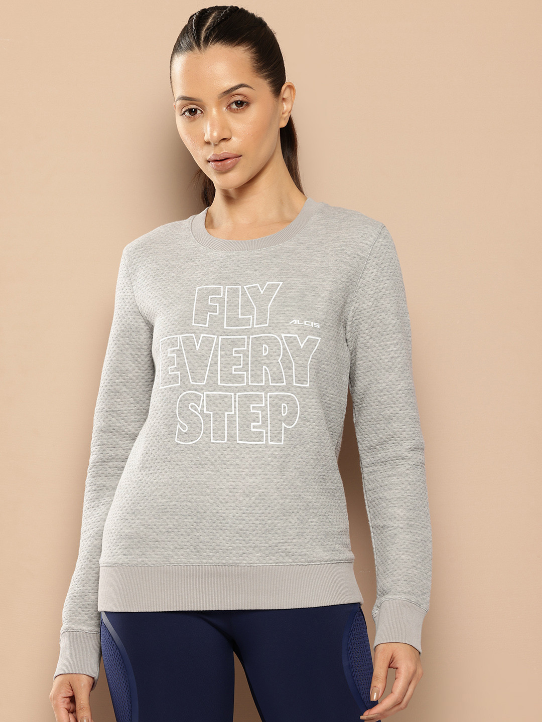 Alcis Women Grey Melange Typography Printed & Textured Applique Sweatshirt