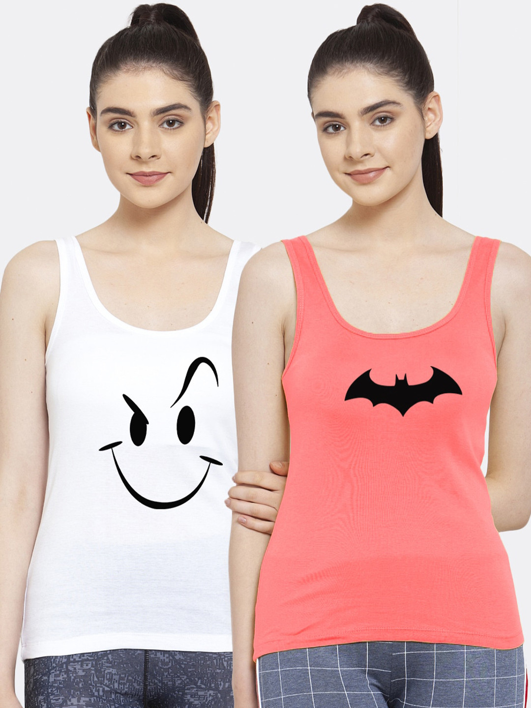 Friskers Women Pack of 2 White & Pink Printed Tank Top