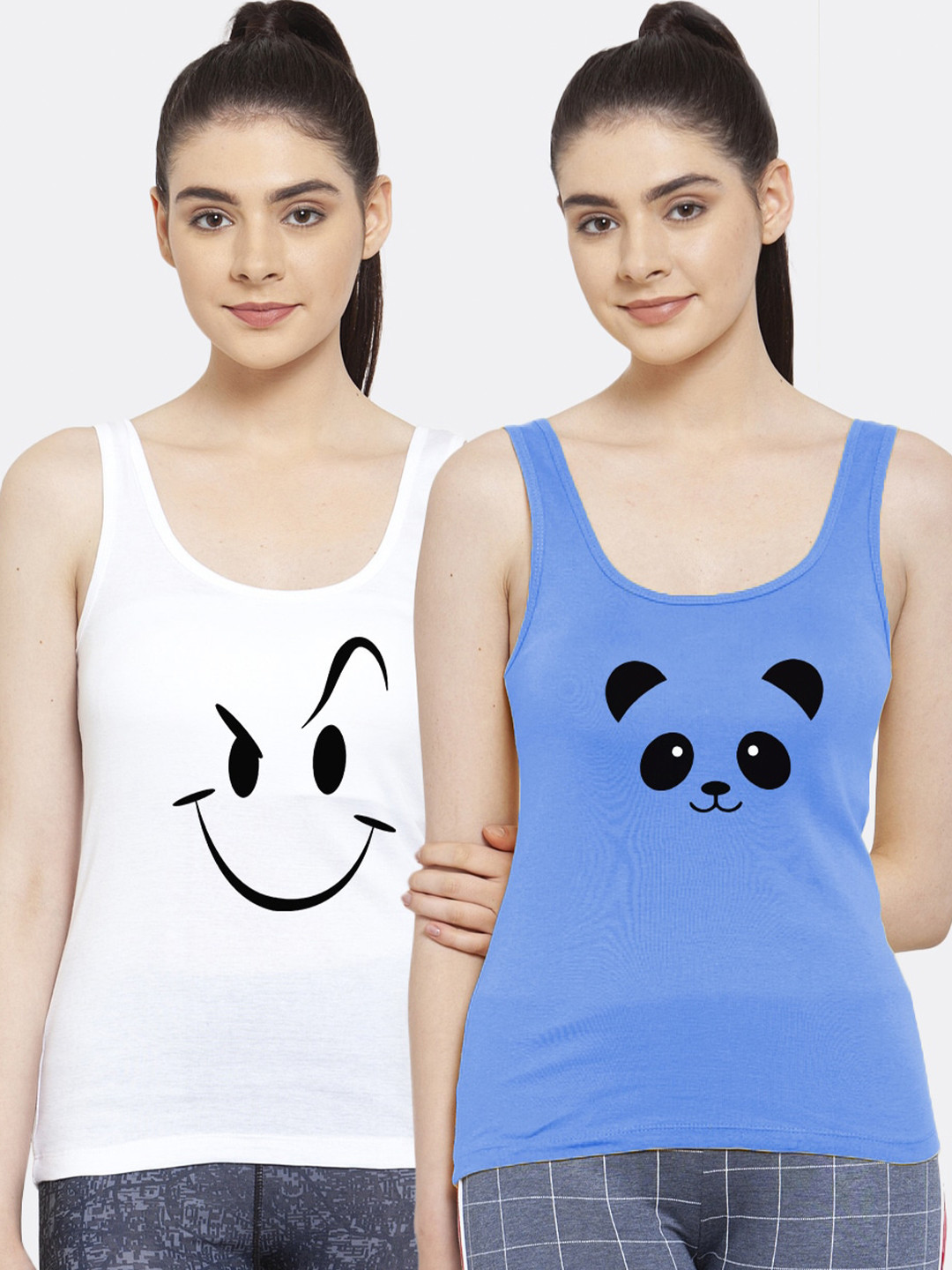 Friskers Women Pack of 2 White & Blue Printed Tank Tops