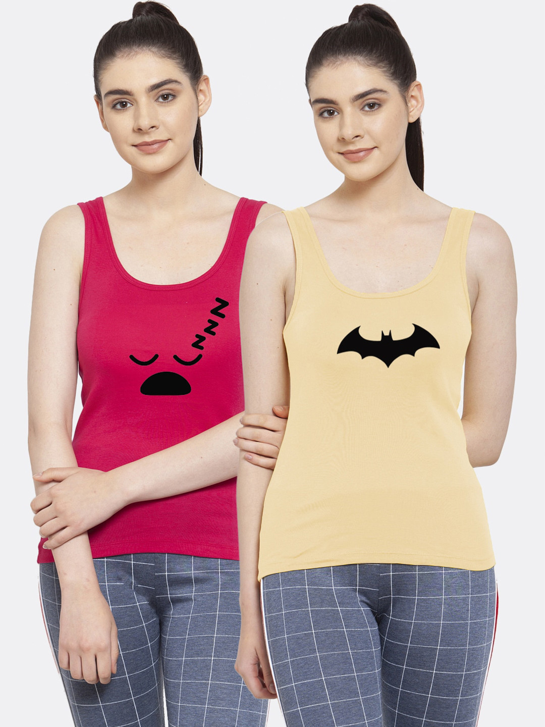 Friskers Pack of 2 Pink & Beige Batman Printed Pure Cotton Tank Tops