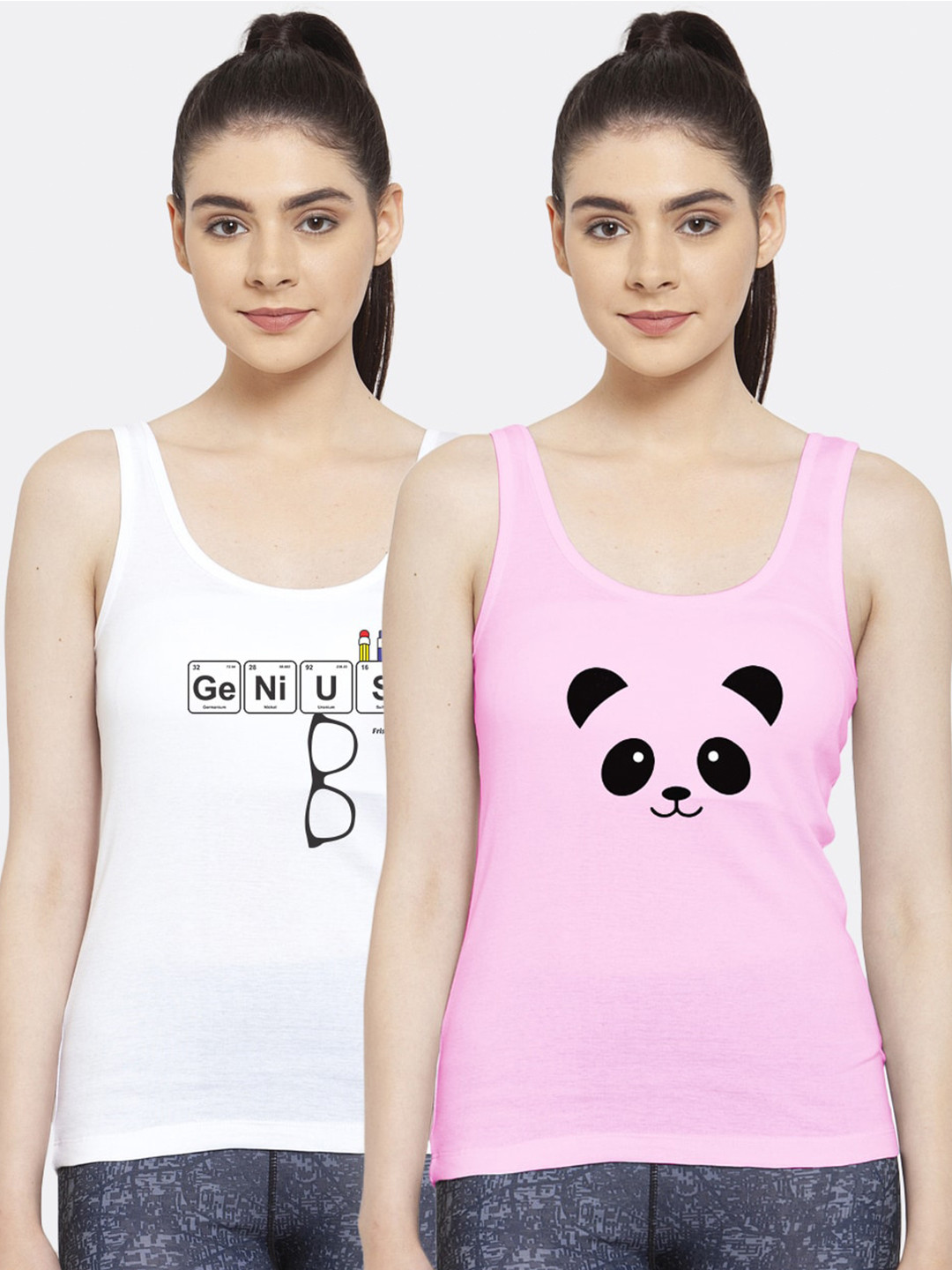 Friskers Pack Of 2 White & Pink Printed Tank Top