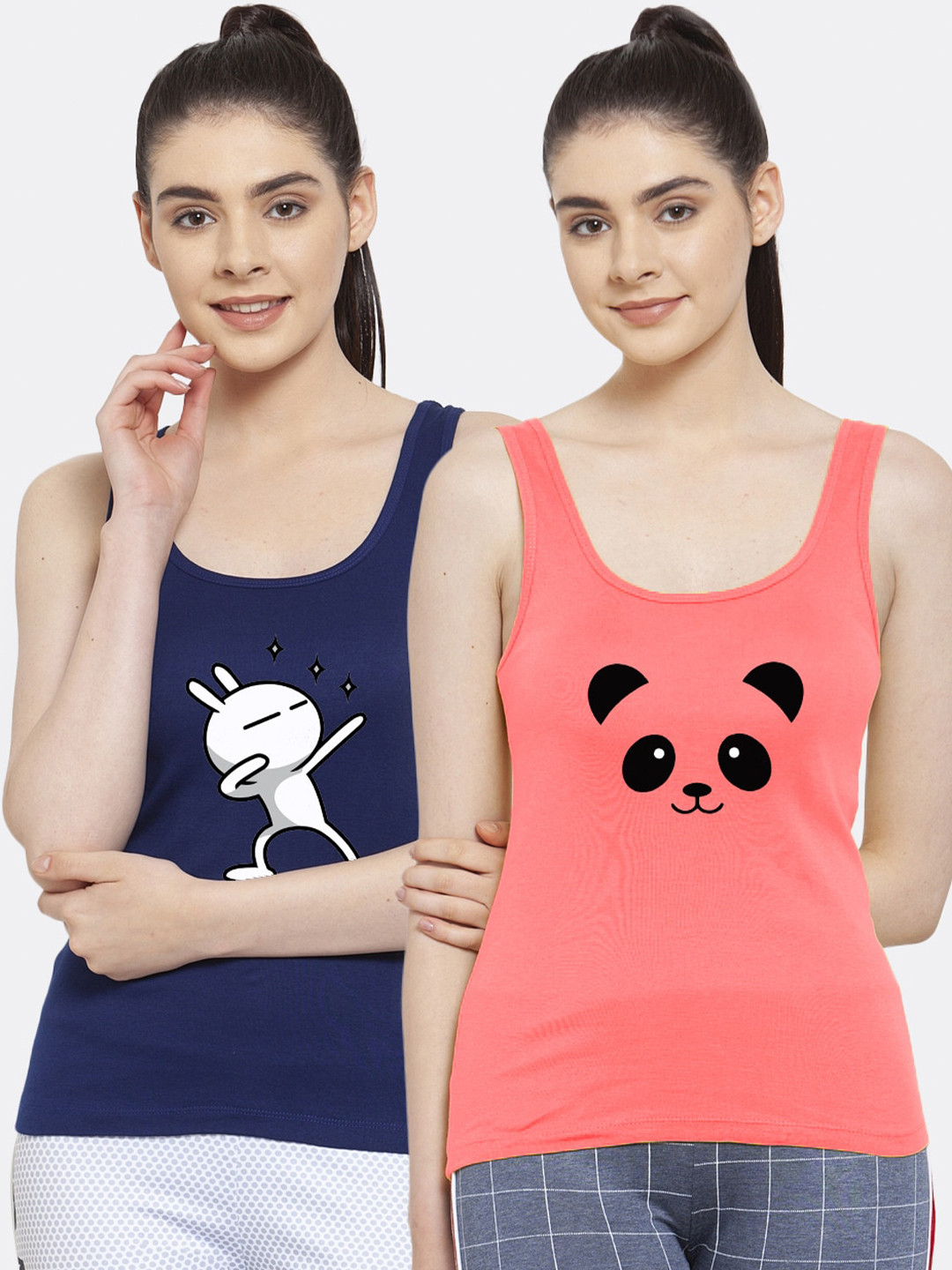 Friskers Navy Blue & Peach-Coloured Graphic Printed Pure Cotton Tank Top