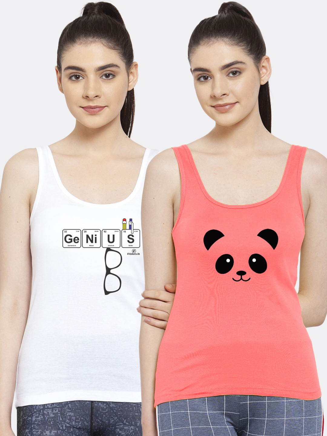 Friskers Pack Of 2 White & Peach-Coloured Printed Tank Top