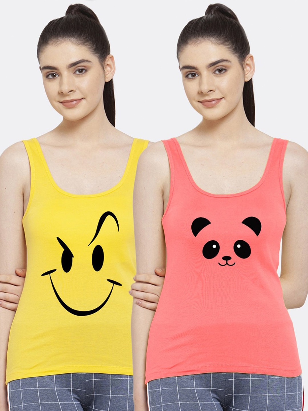 Friskers Pack of 2 Yellow & Orange Smiley & Panda Printed Pure Cotton Tank Tops