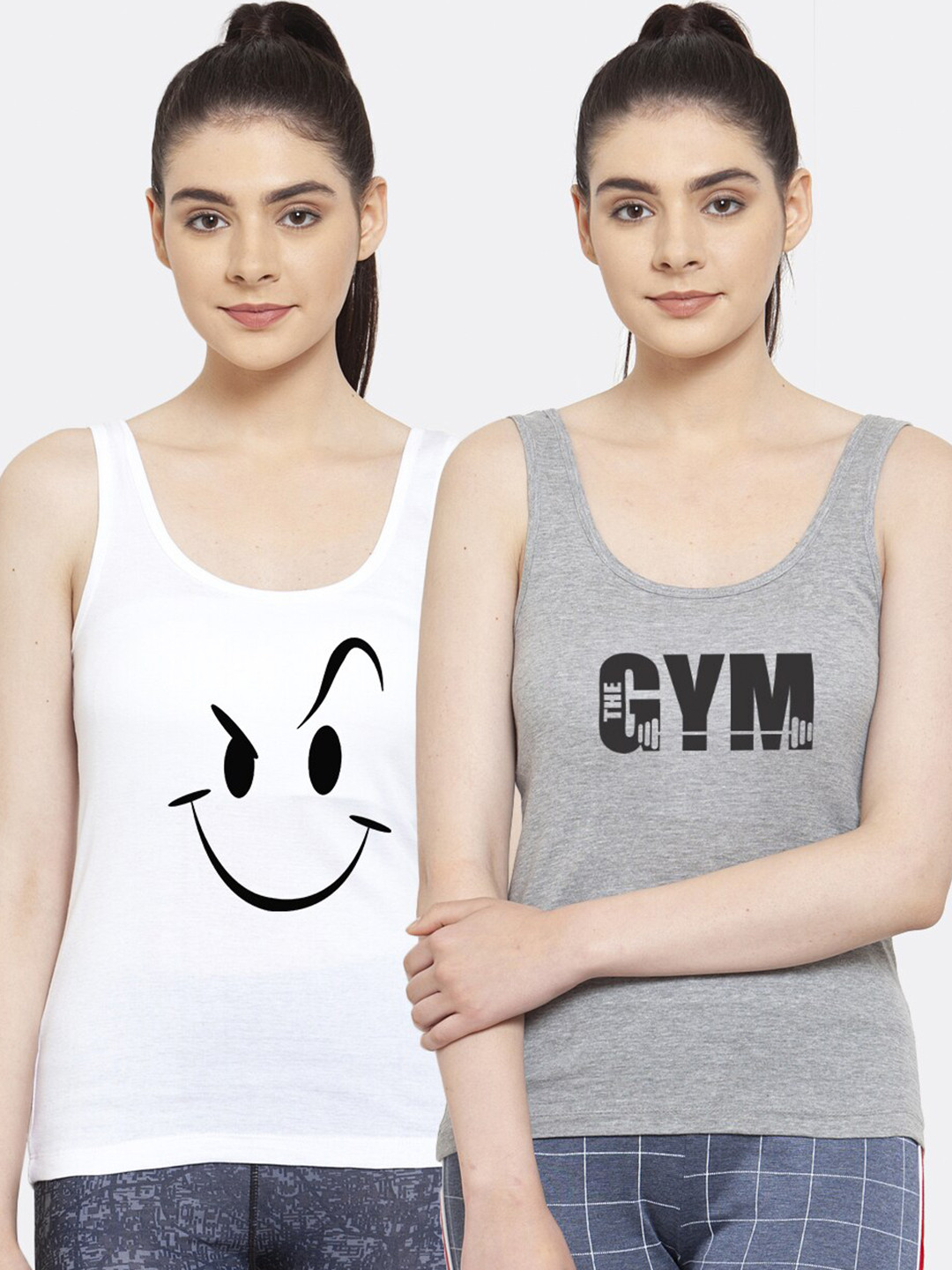 Friskers Women Pack of 2 White & Grey  Printed Tank Tops