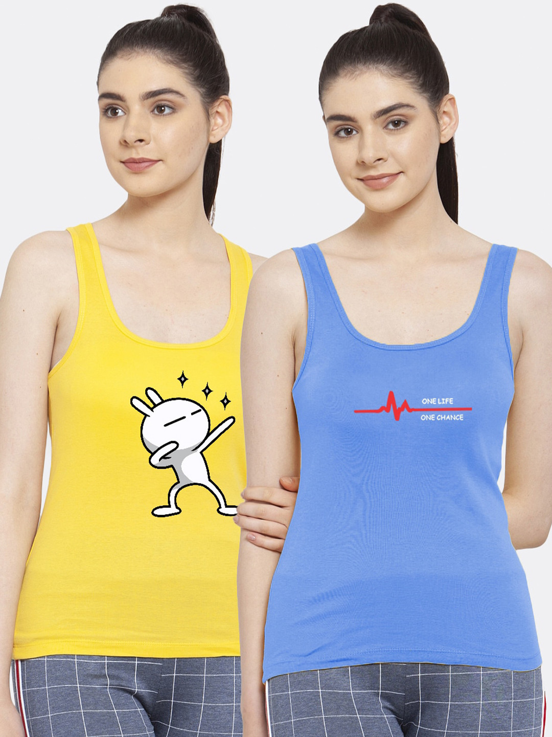 Friskers Pack of 2 Yellow & Blue Graphic Printed Pure Cotton Tank Tops