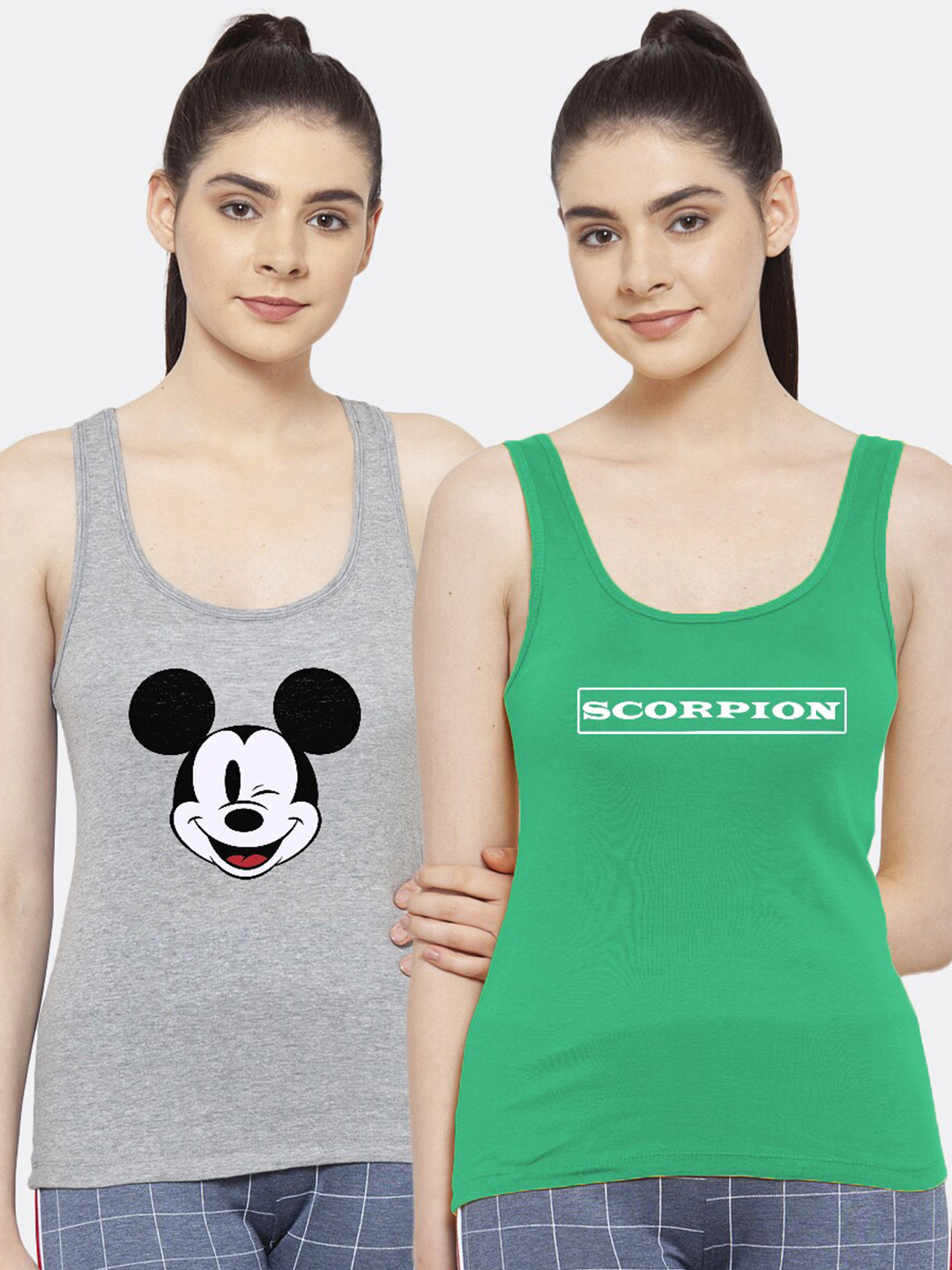 Friskers Women Pack of 2 Green & Grey Mickey Mouse Printed Tank Tops