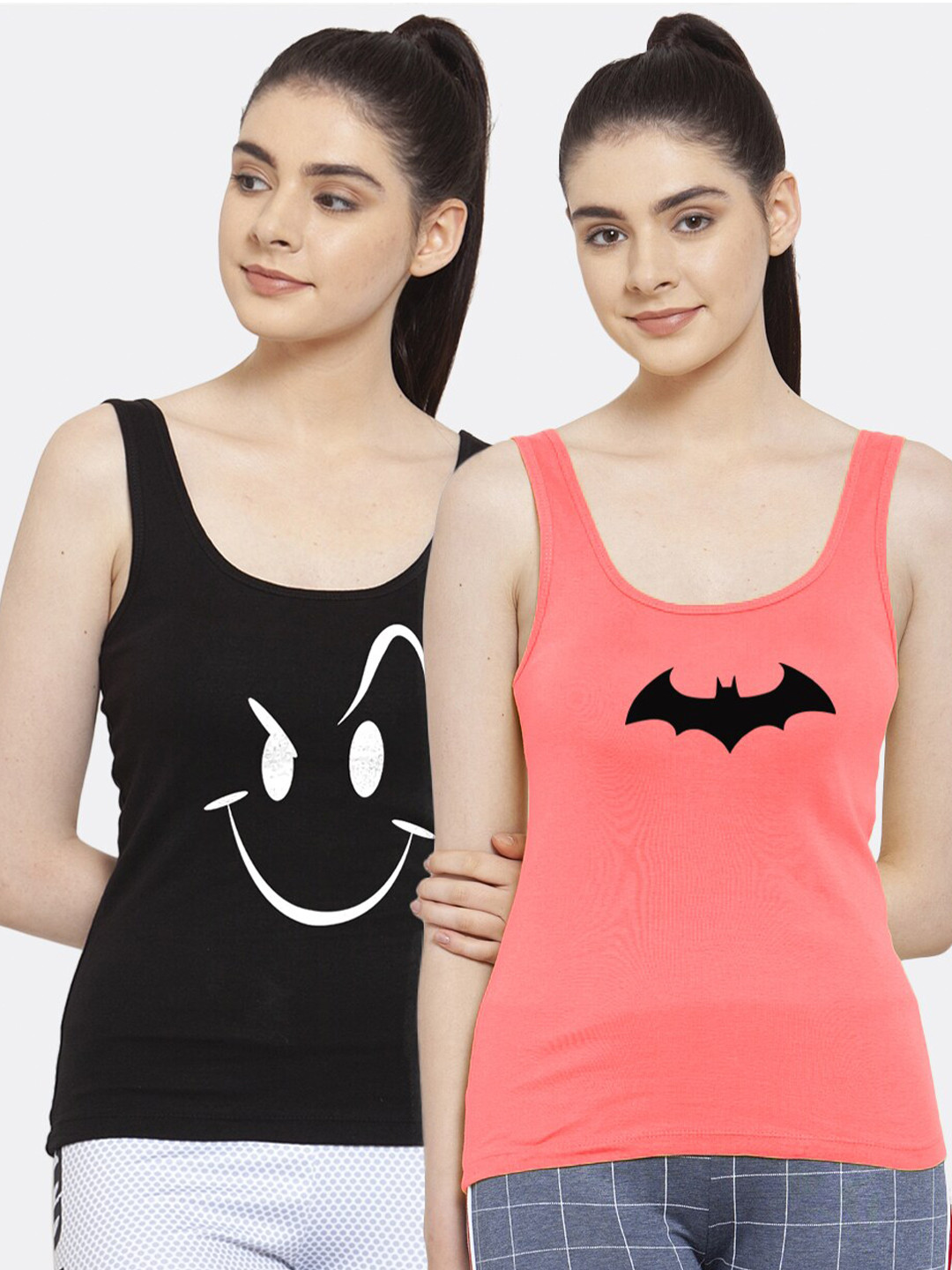 Friskers Women Black & Peach-Coloured Pack Of 2 printed Tank Top