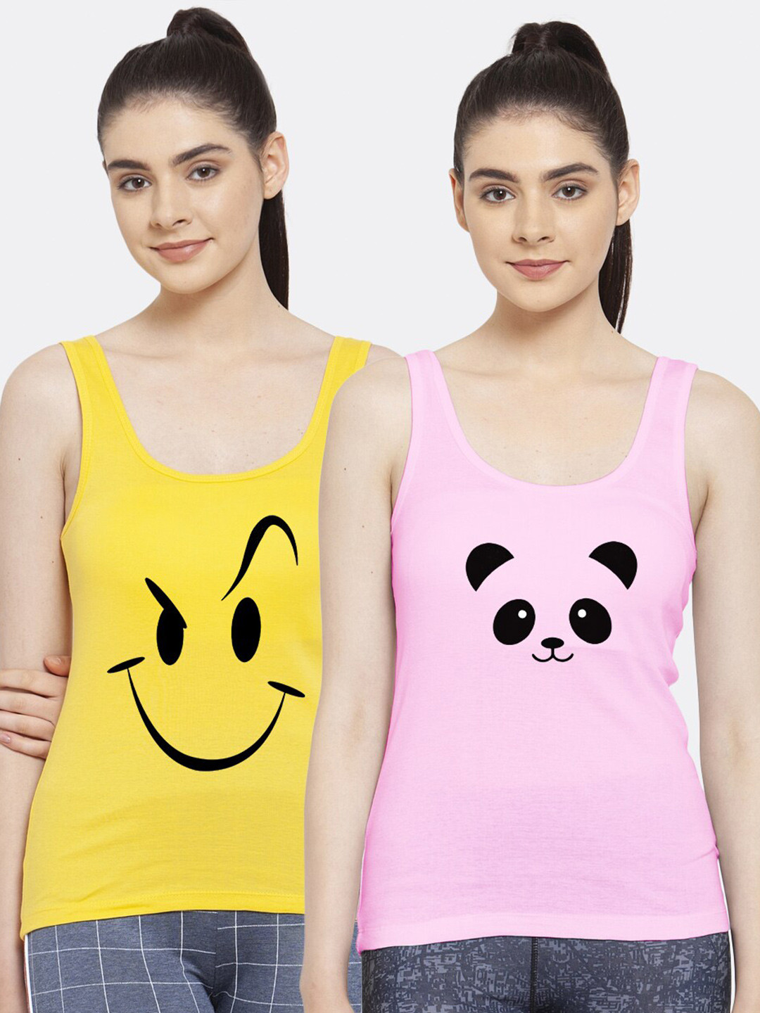 Friskers Women Pack of 2 Yellow & Pink Graphic Printed Tank Tops