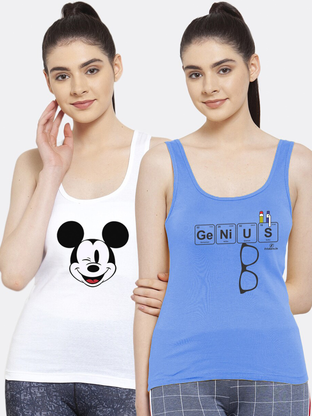 Friskers Women 2 White & Turquoise Blue Tank Top