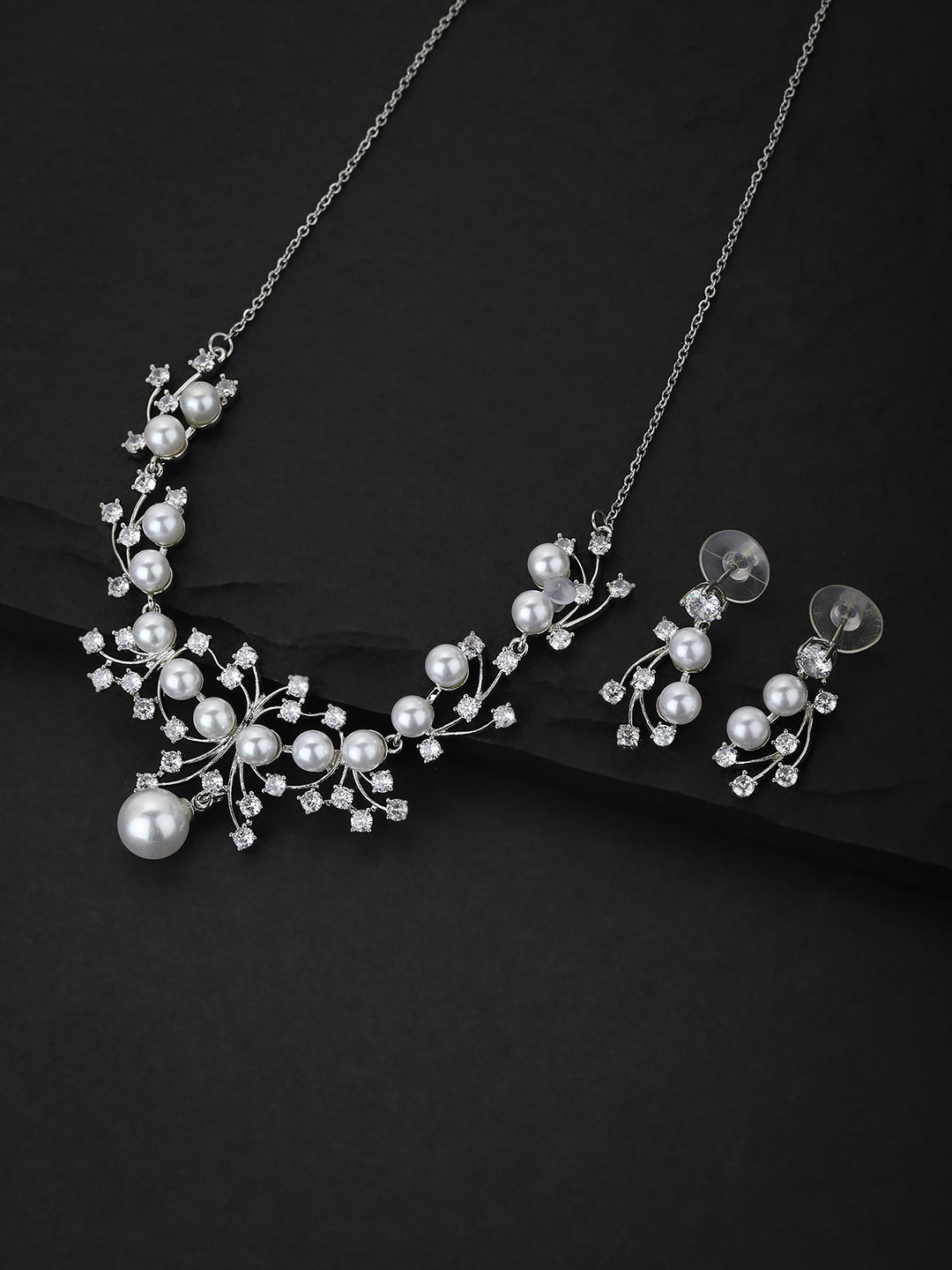 Carlton London Off-White Rhodium-Plated Handcrafted CZ-Studded & Beaded Jewellery Set
