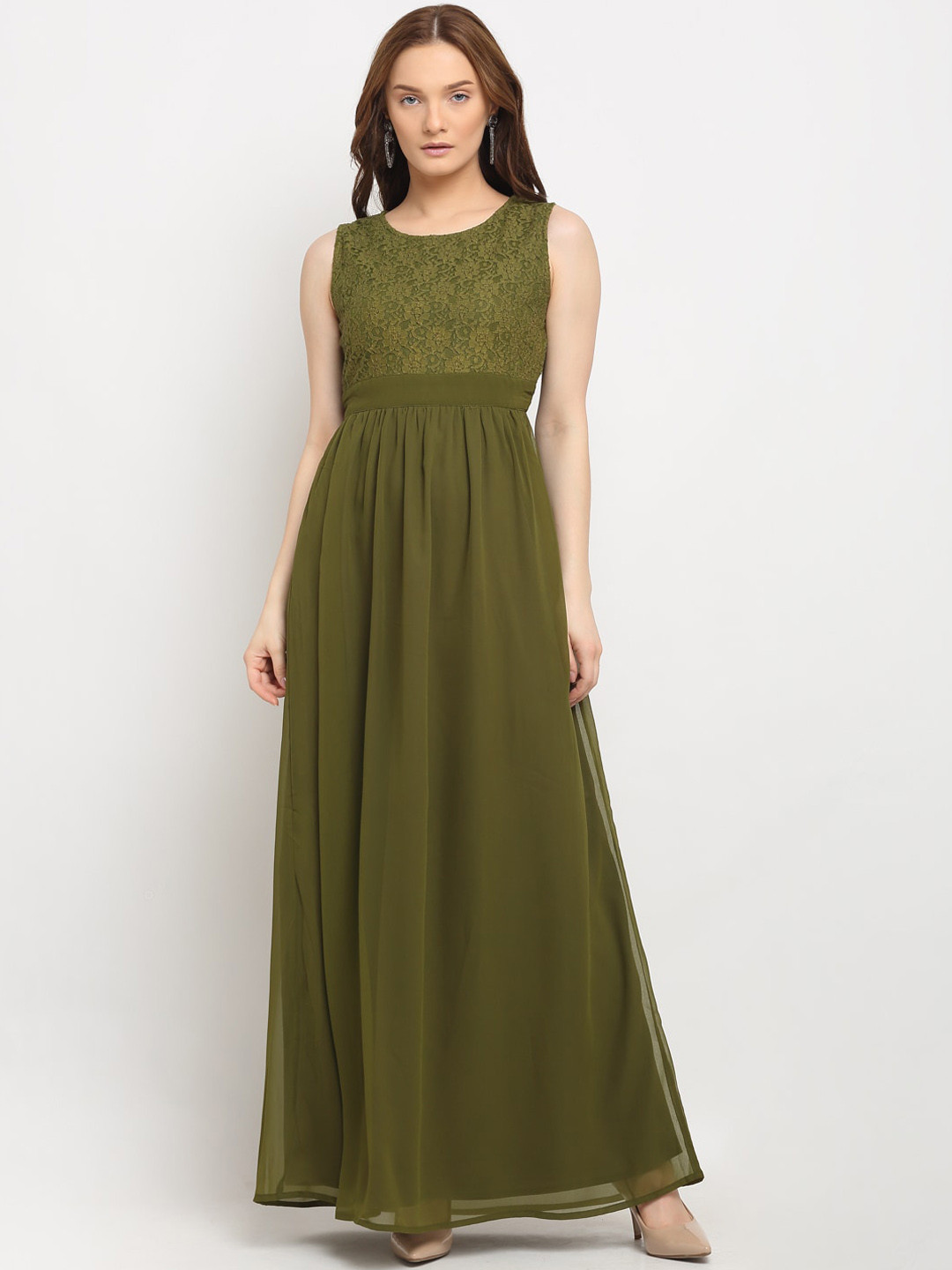La Zoire Olive Green Georgette Lace Yoke Maxi Dress