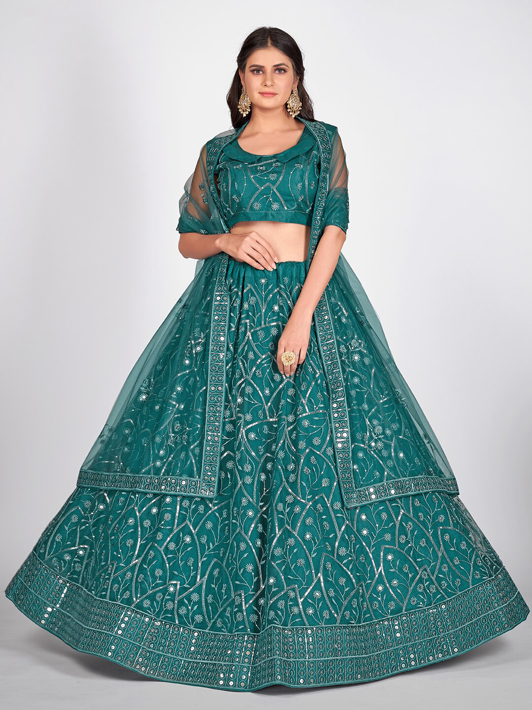 SHOPGARB Teal & Silver-Toned Semi-Stitched Lehenga & Unstitched Blouse With Dupatta