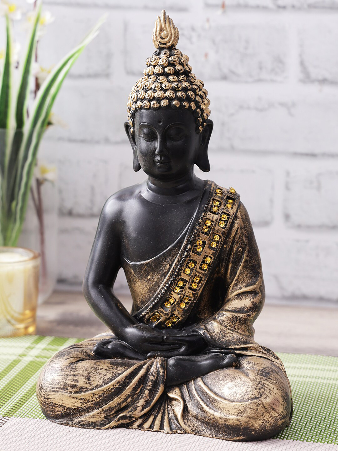 CraftVatika Buddha Black Polyresin Natural Living Room Medium Showpiece - 10.5 Inches