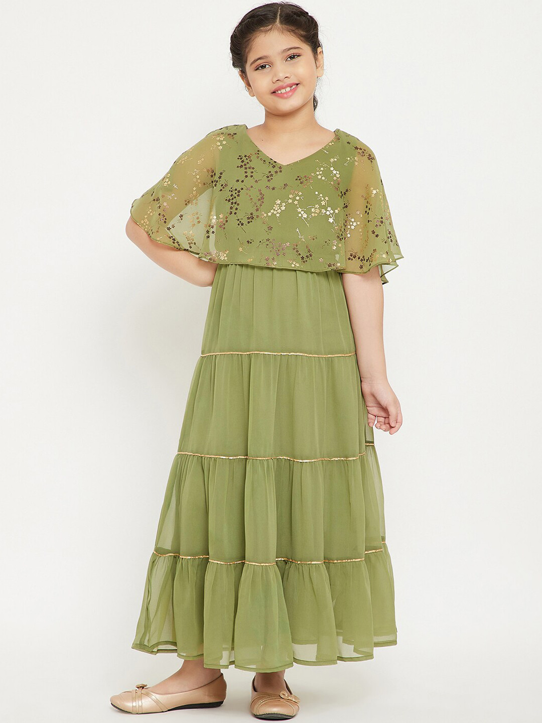 Stylo Bug Girls Green & Gold-Toned Printed round Neck Tiered Georgette Maxi Dress