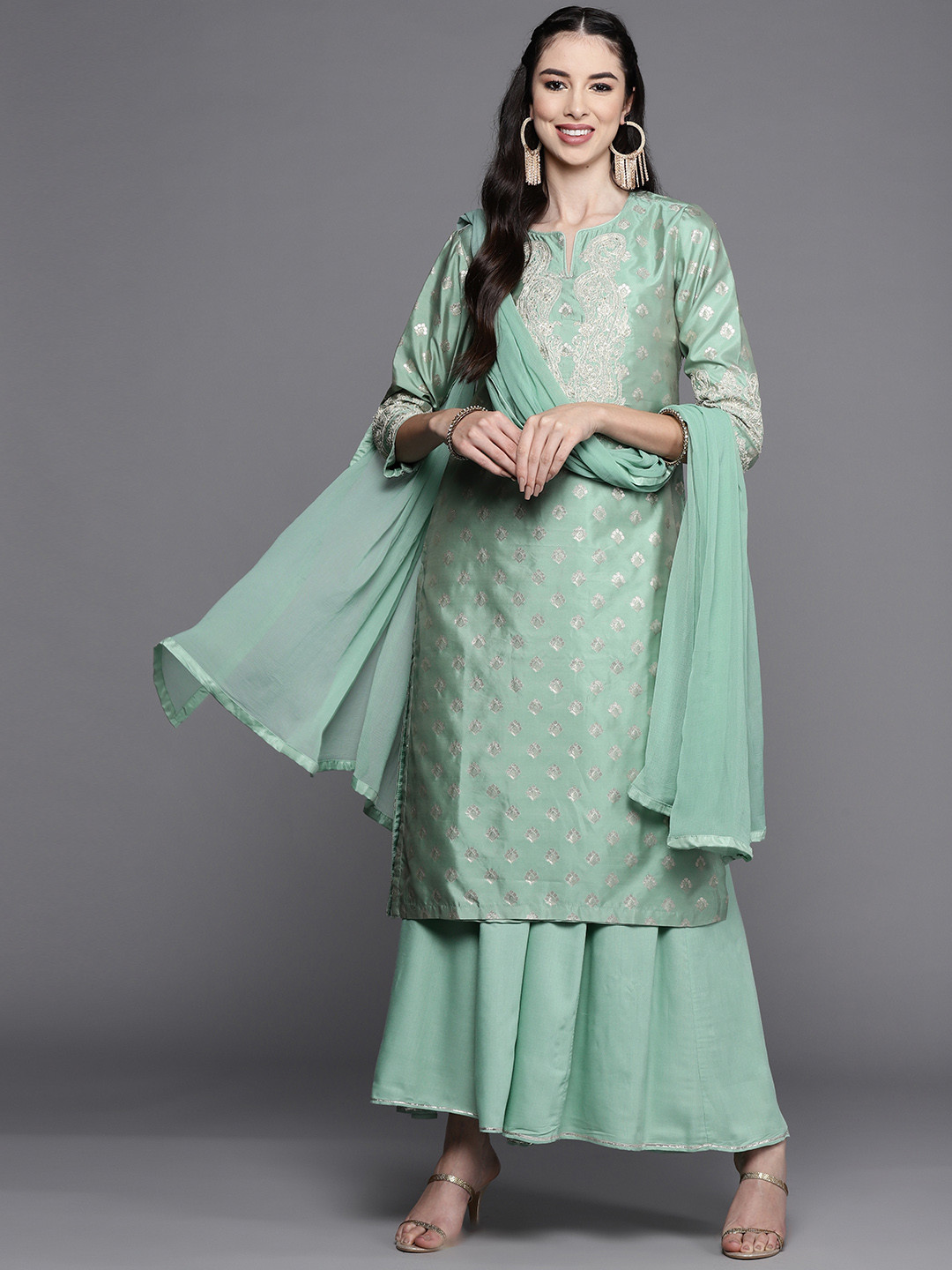 Biba Women Green Ethnic Motifs Embroidered Sequinned Kurta with Skirt & With Dupatta