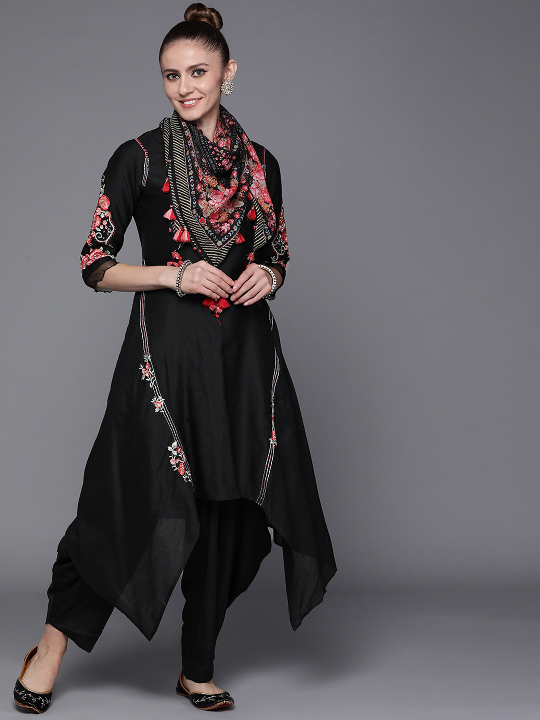 Biba Women Black Floral Embroidered Regular Chanderi Silk Kurta with Salwar & With Dupatta