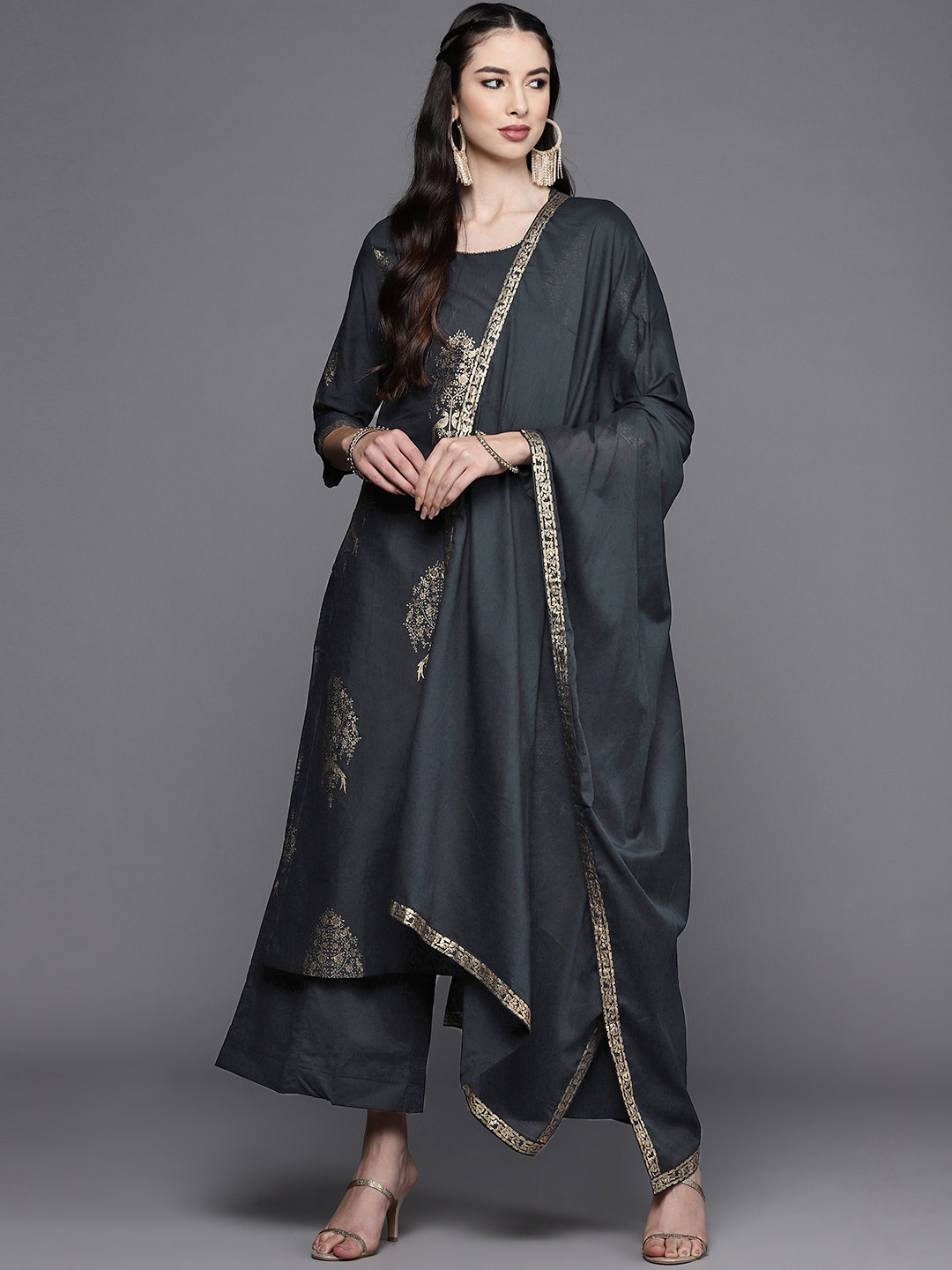 Biba Women Black Pure Cotton Printed Pure Cotton Kurta with Palazzos & With Dupatta