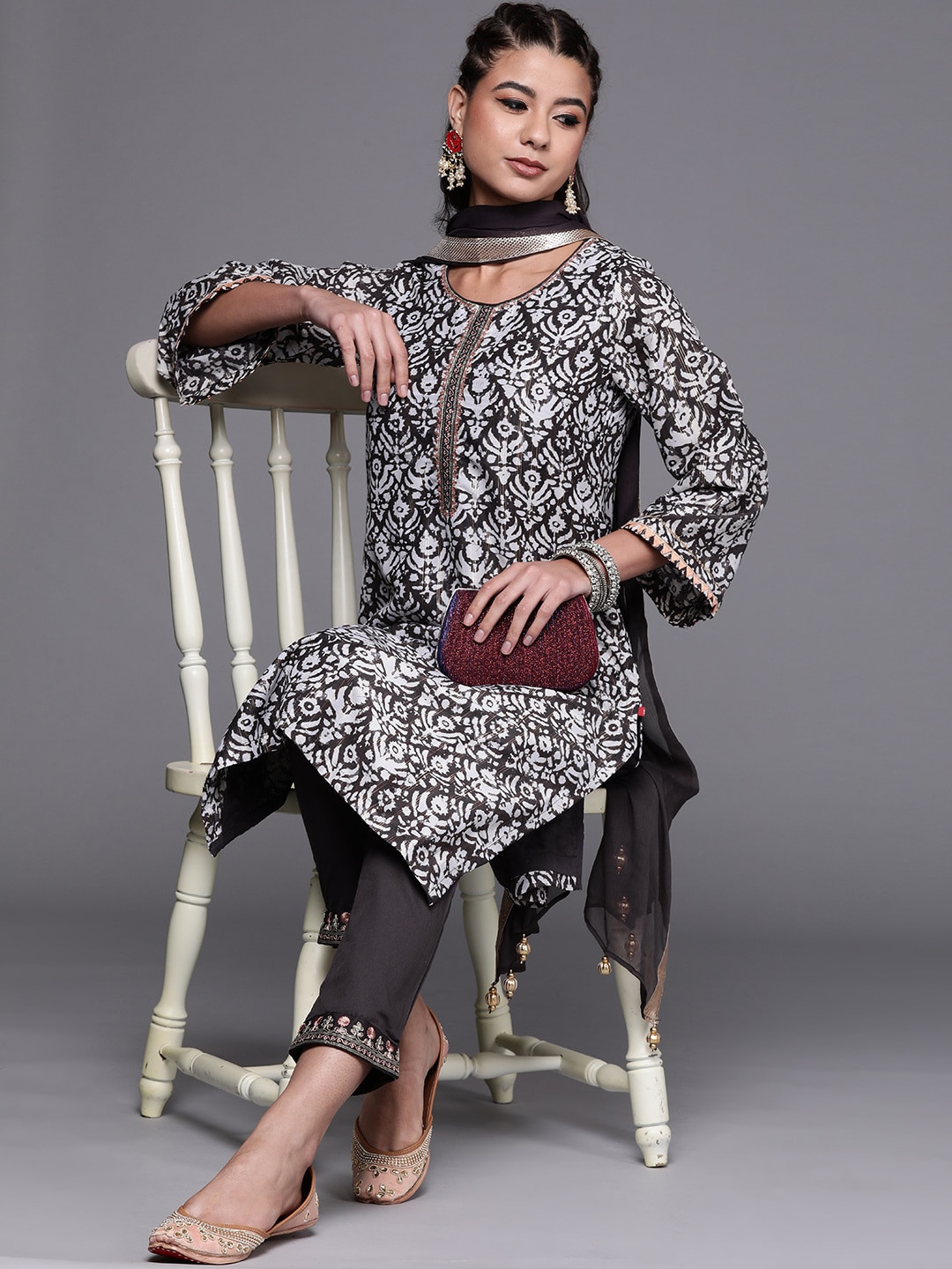 Biba Women Charcoal Grey & White Motifs Print Sequinned Kurta with Trousers & Dupatta