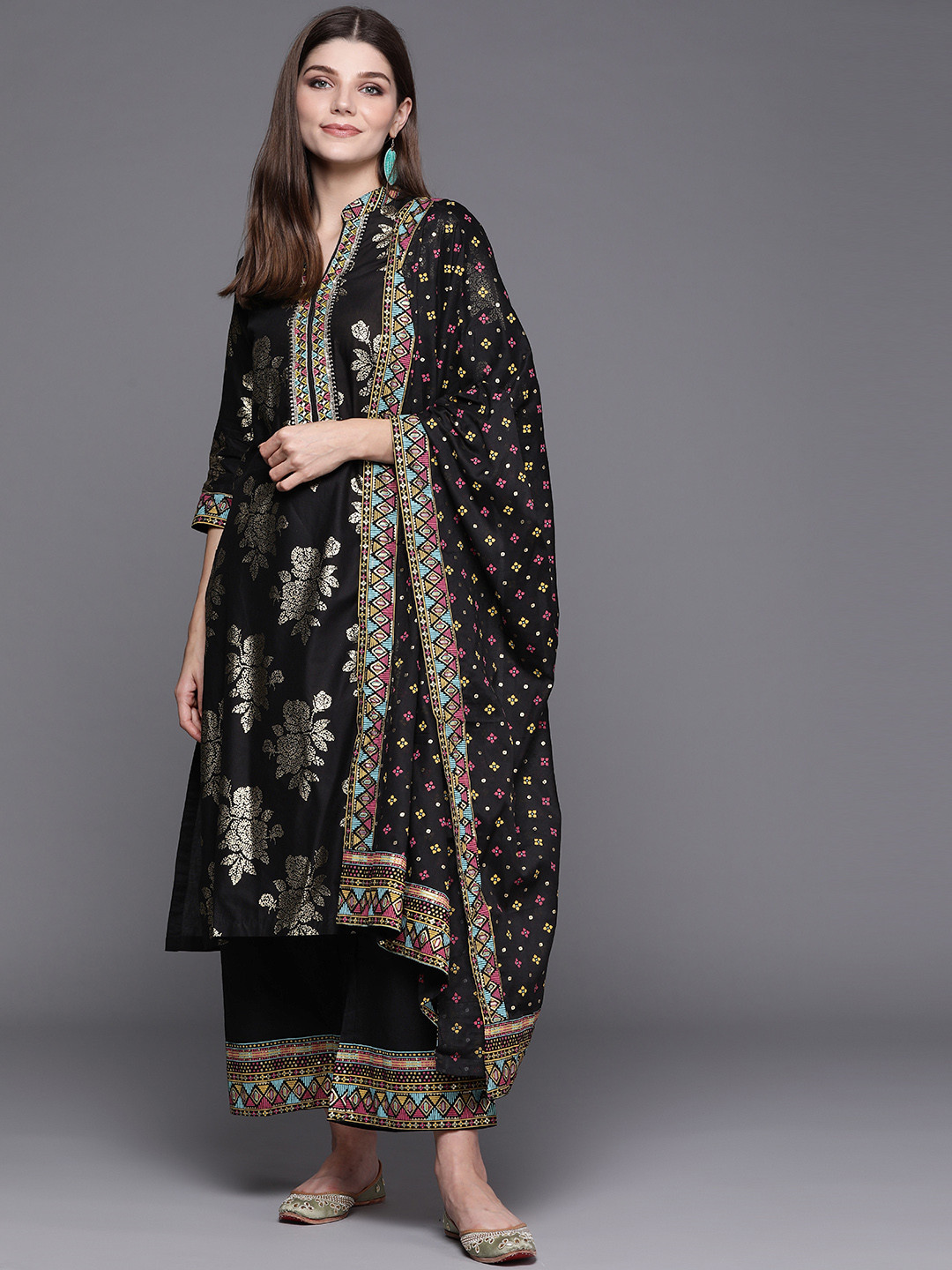Biba Women Black & Golden Floral Print Pure Cotton Kurta with Palazzos & Dupatta