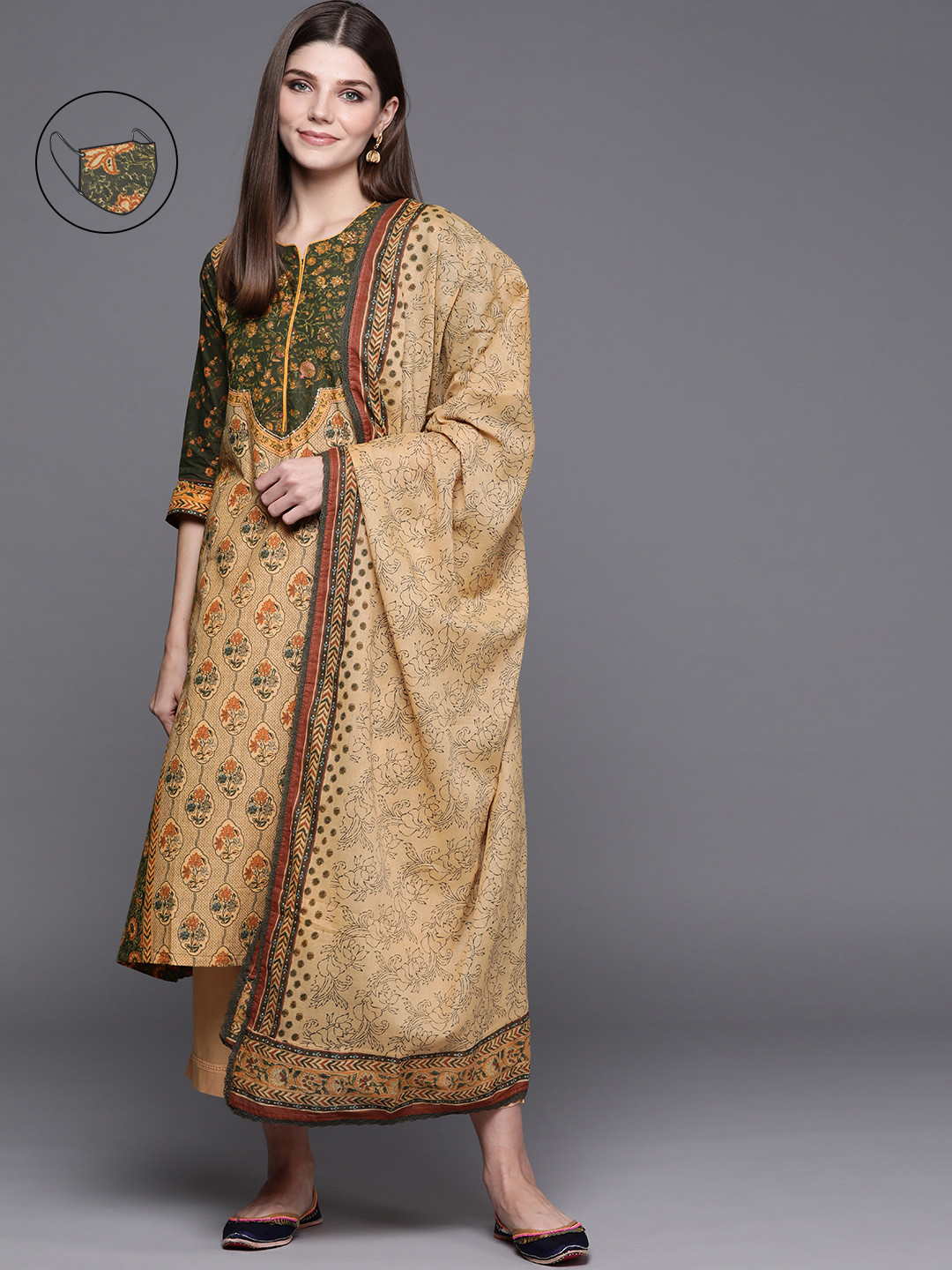 Biba Women Khaki Floral Printed Regular Pure Cotton Kurta with Palazzos & With Dupatta