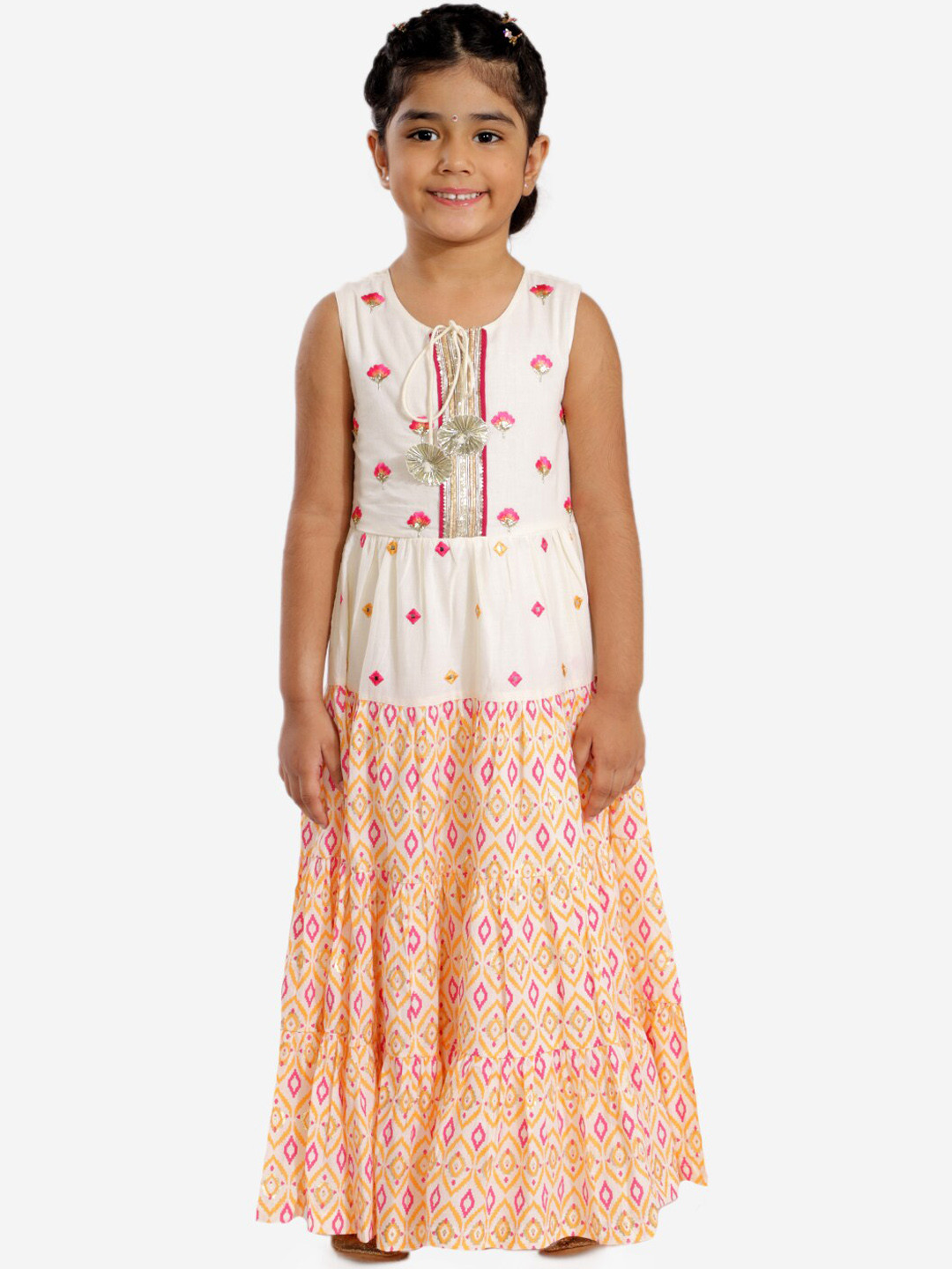 LIL DRAMA Girls White & Multicoloured Embroidered Tie-Up Neck Net Maxi Dress