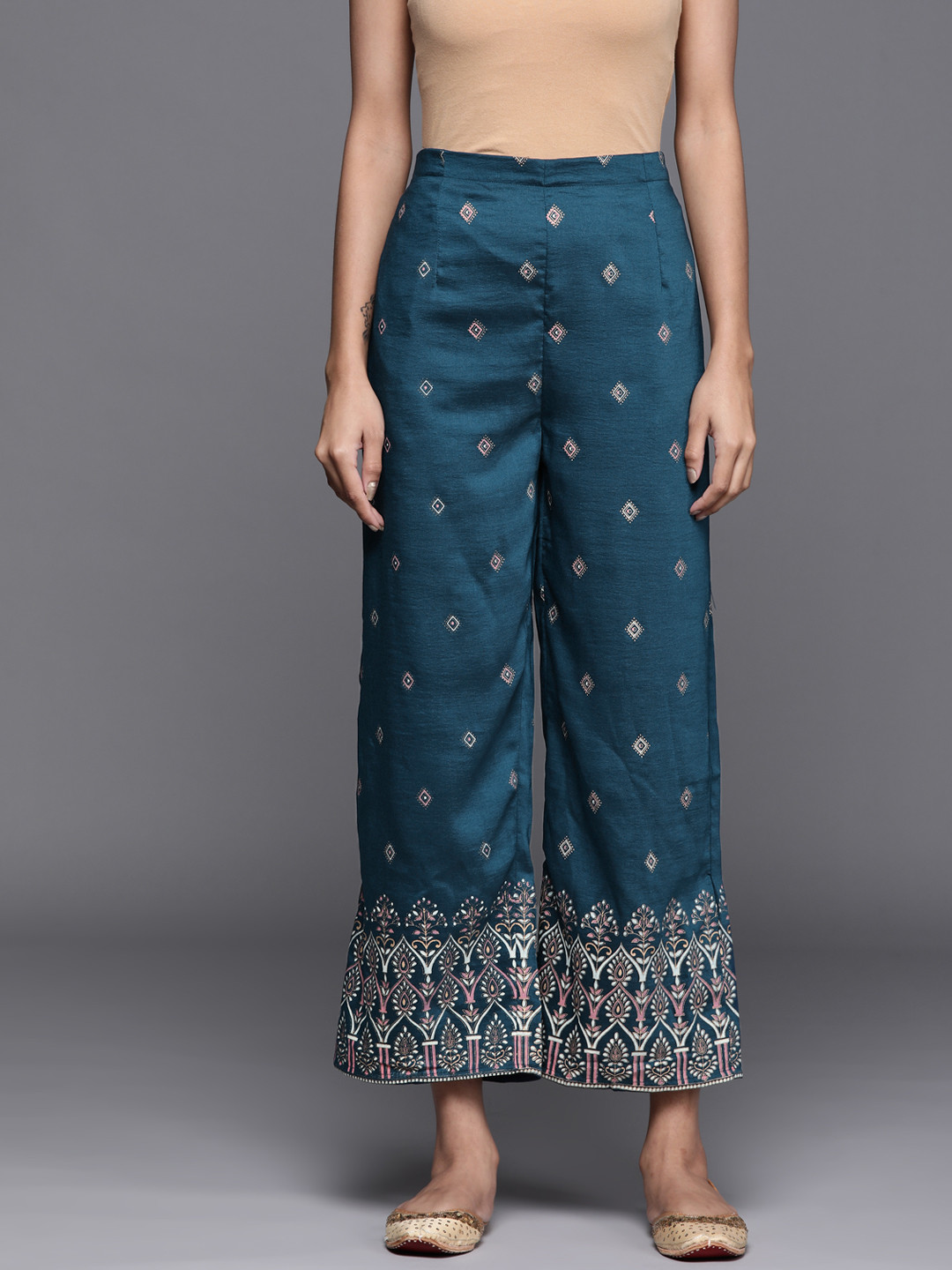 Libas Women Teal & Gold Ethnic Motifs Printed Ethnic Palazzos