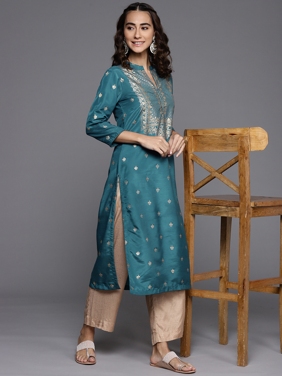 Biba Women Teal Blue & Golden Ethnic Motifs Printed Straight Kurta