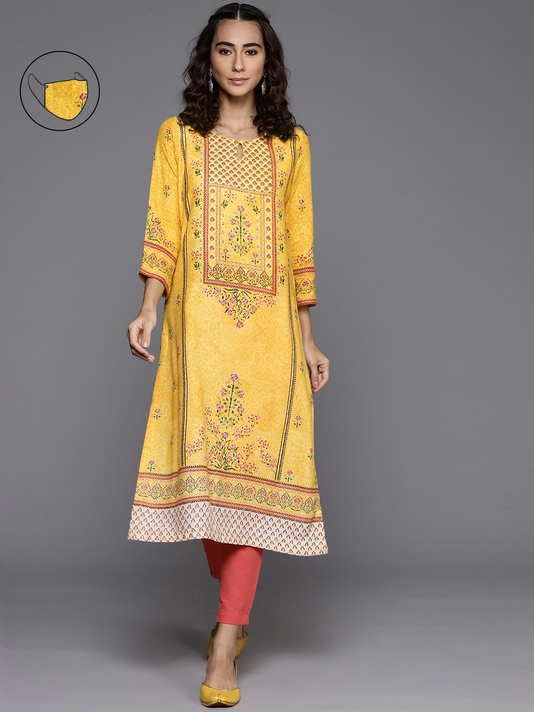 Biba Women Mustard Yellow & Pink Ethnic Motifs Printed Keyhole Neck Straight Kurta