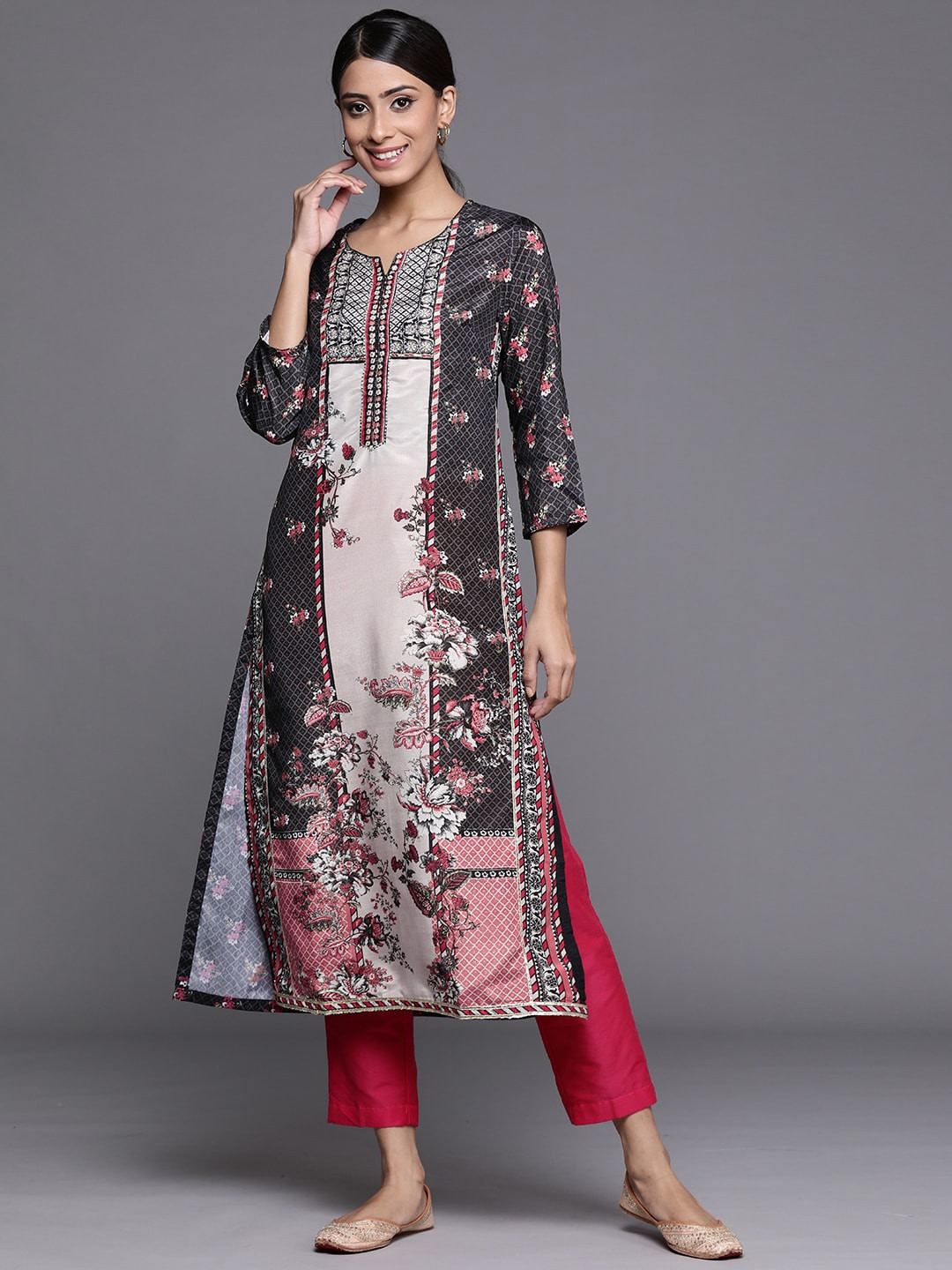 Biba Women Black & Red Ethnic Motifs Printed Kurta
