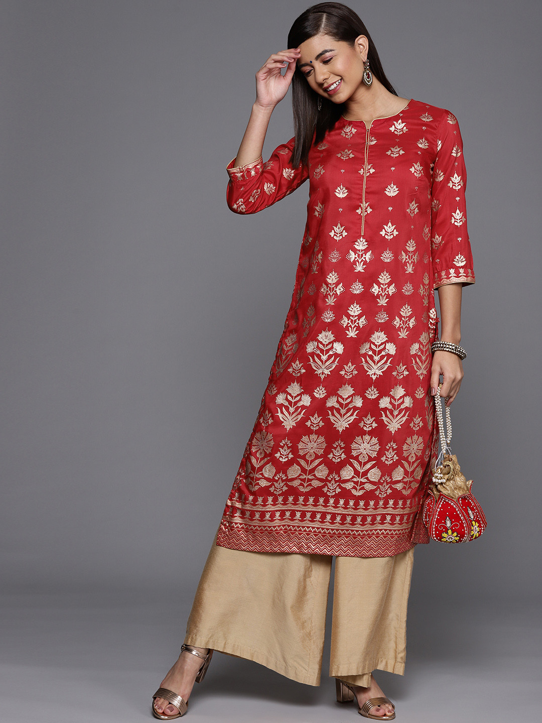 Biba Women Red & Golden Ethnic Motifs Printed Kurta & Mask