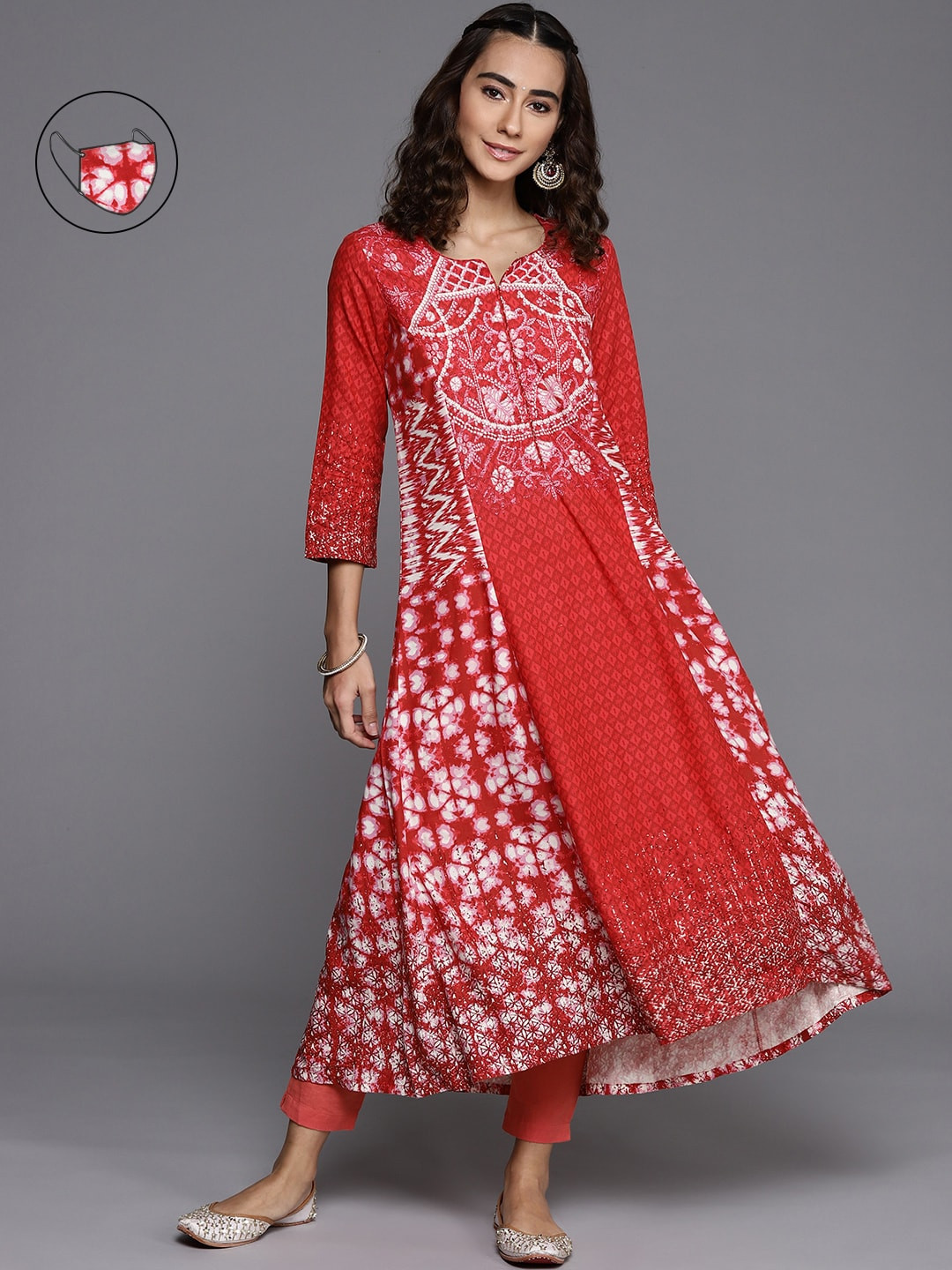 Biba Women Red & White Ethnic Motifs Printed Kurta & Mask