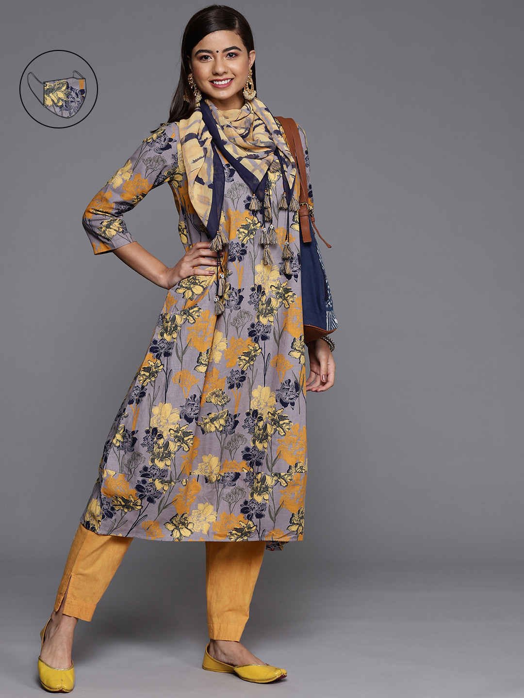 Biba Women Lavender & Mustard Yellow Floral Printed Floral Kurta