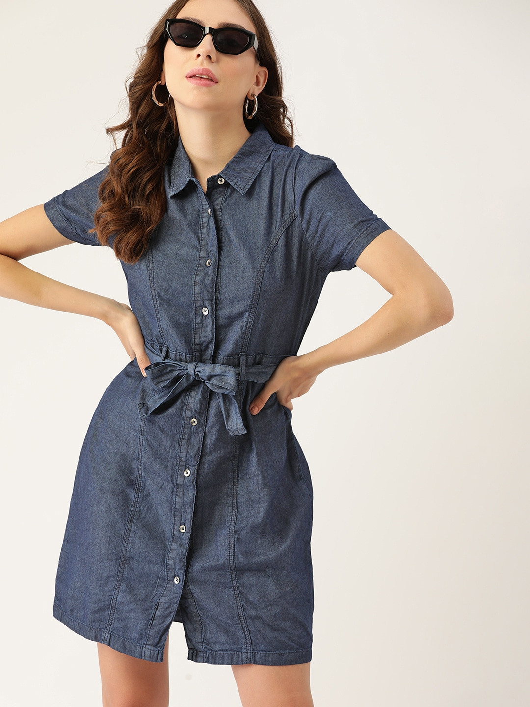 DressBerry Navy Blue Denim A-Line Belted Dress