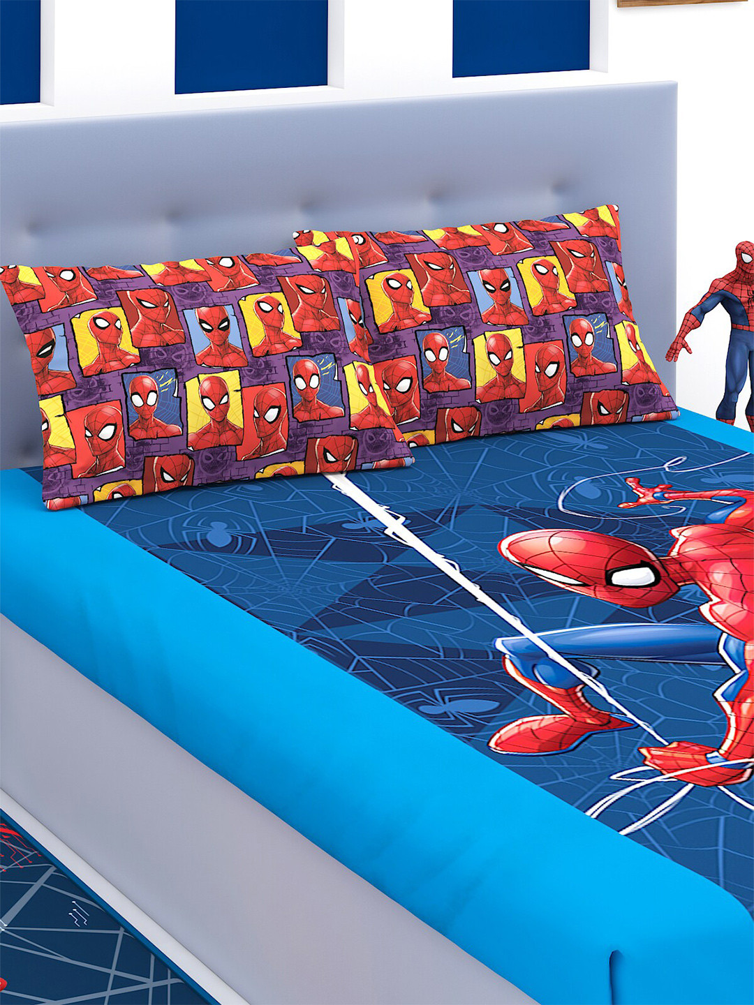 Marvel Athom Trendz Spiderman Multicoloured Cartoon Characters Cotton 180 TC King Fine Bedsheet with 2 Pillow Covers-117 x 106 inches
