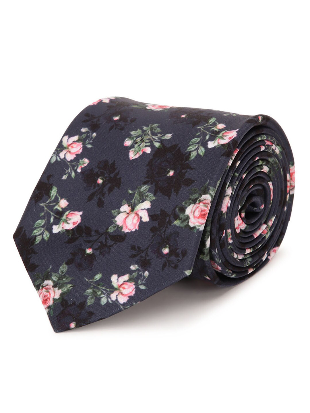 Tossido Men Black & Pink Microfiber Floral Printed Broad Tie
