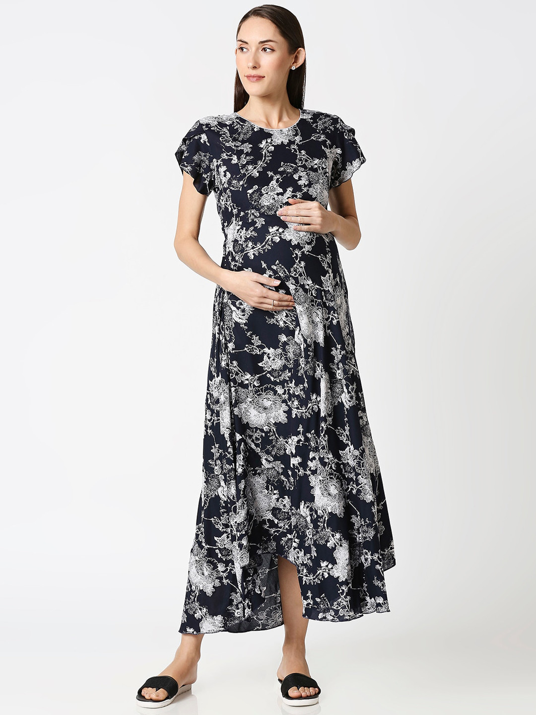 AV2 Blue Printed Maternity Midi Dress