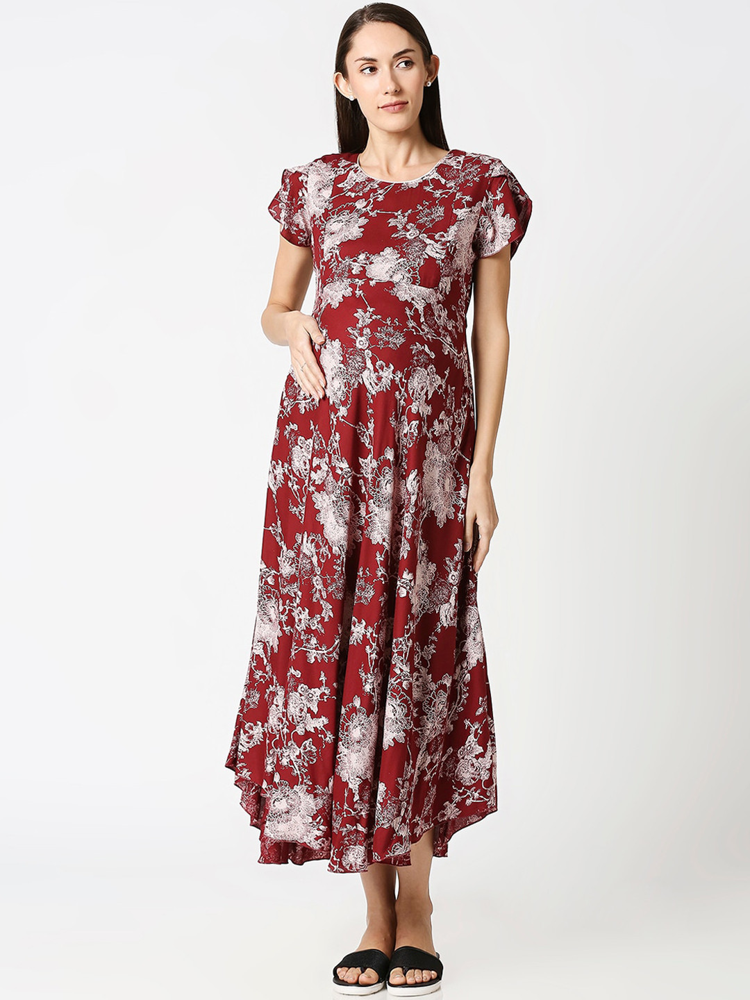 AV2 Maroon & Grey Floral Printed Maternity Nursing Fit & Flare Dress