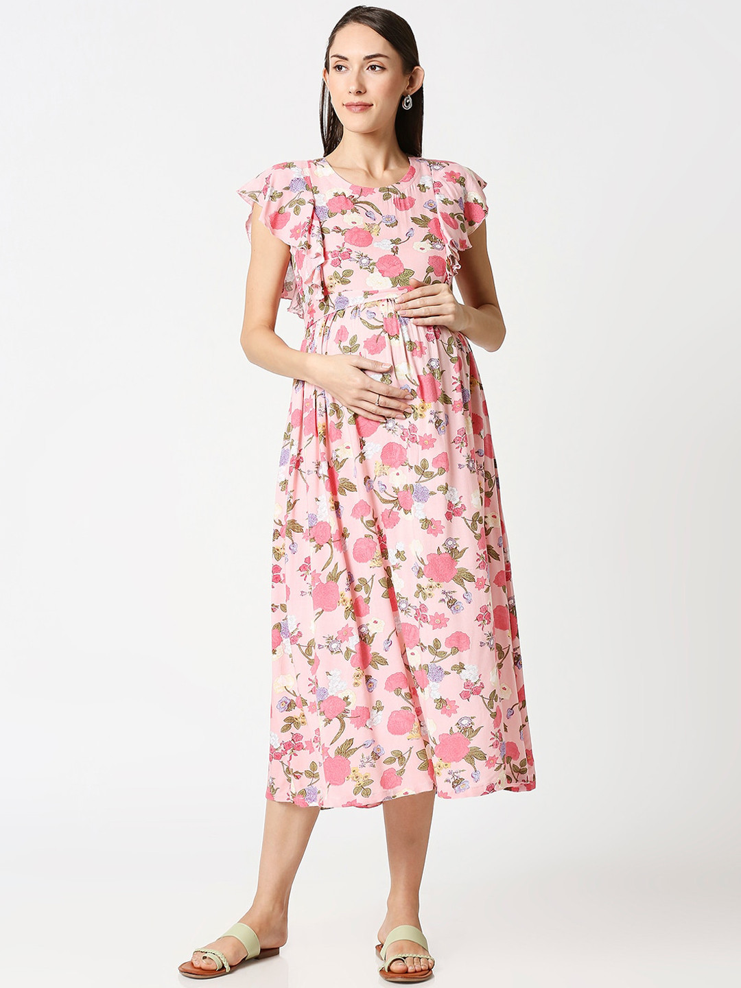 AV2 Pink Floral Printed Maternity Midi Dress
