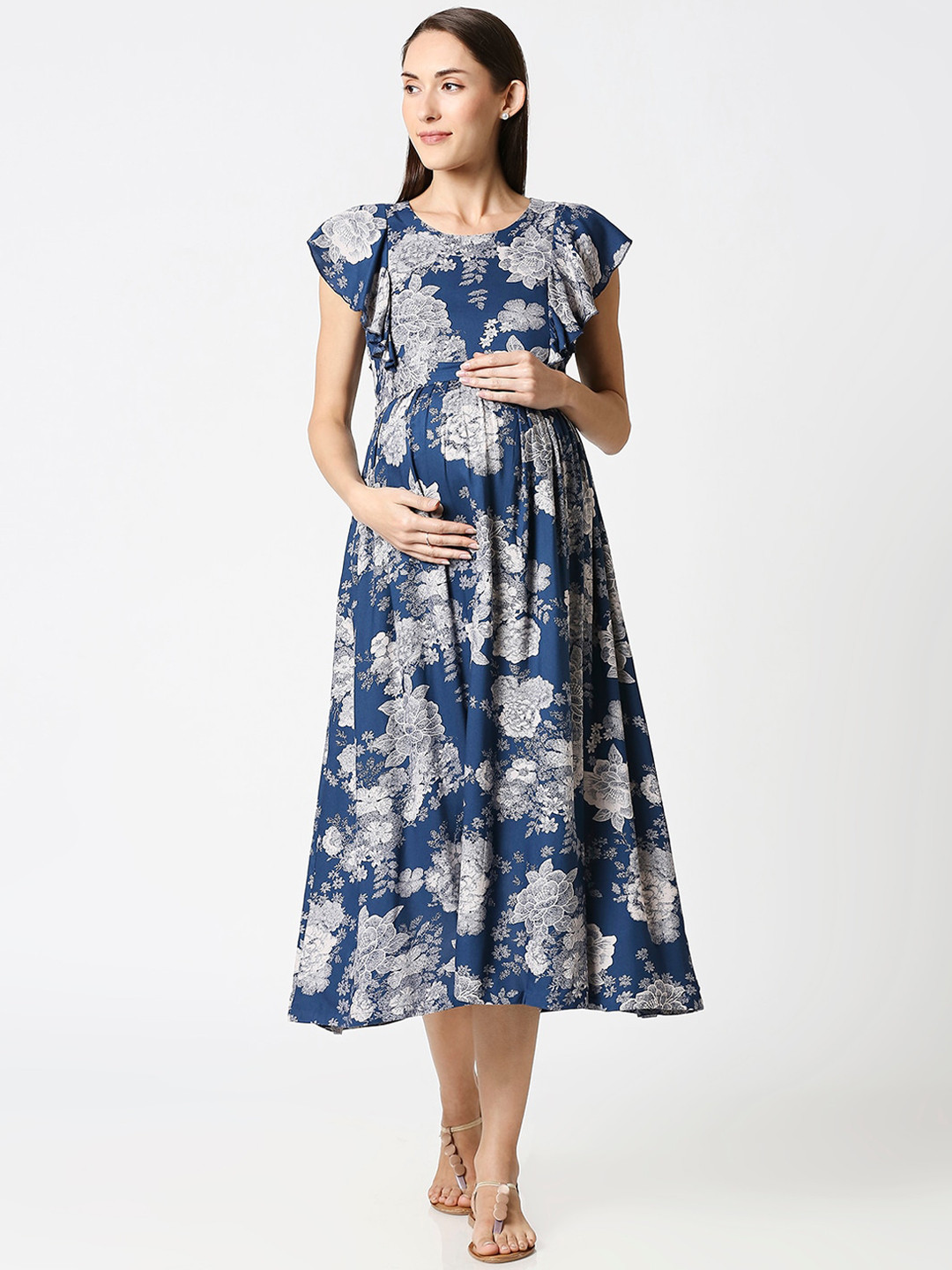 AV2 Woman Navy Blue Maternity Nursing Floral Midi Dress