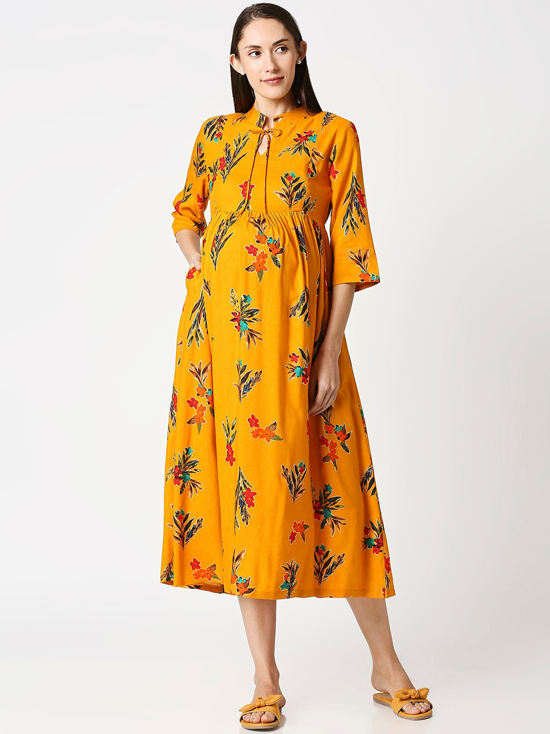 AV2 Mustard Yellow Floral Printed Maternity Midi Dress