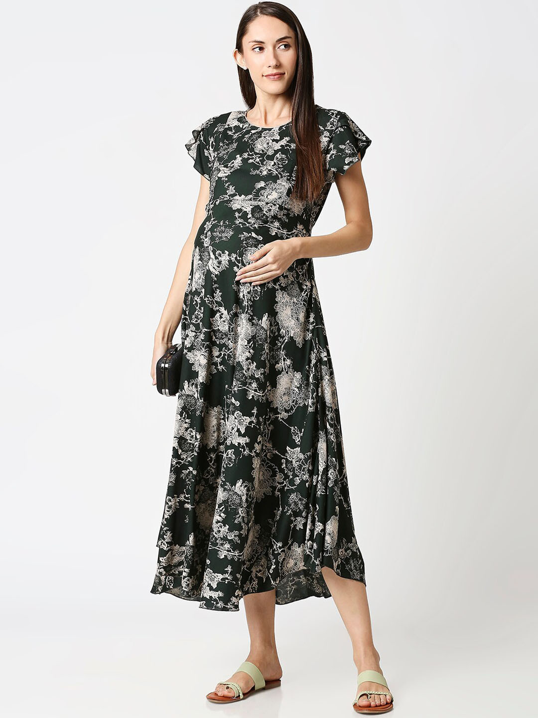 AV2 Olive Green Floral Printed Maternity Midi Dress