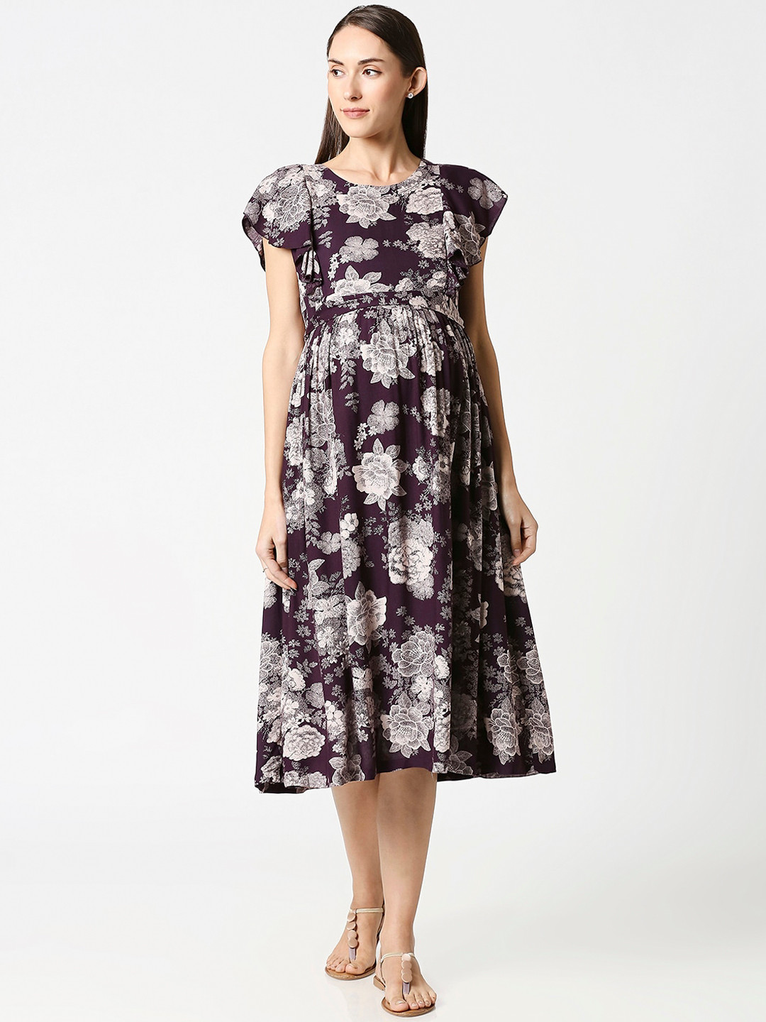 AV2 Purple Floral Maternity Midi Dress