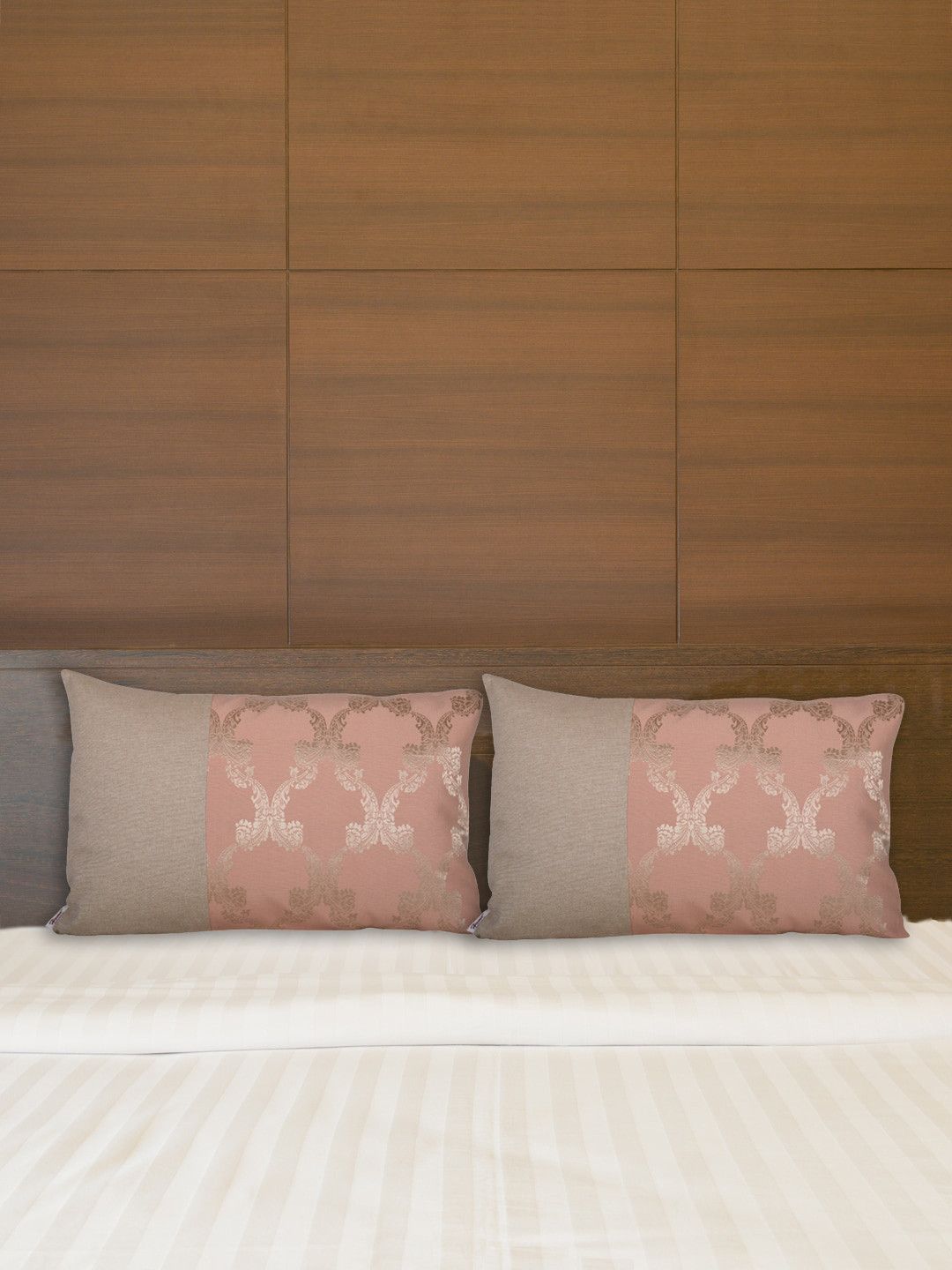 Home Set Of 2 Peach-Colored & Grey Jacquard Cotton Pillow Covers