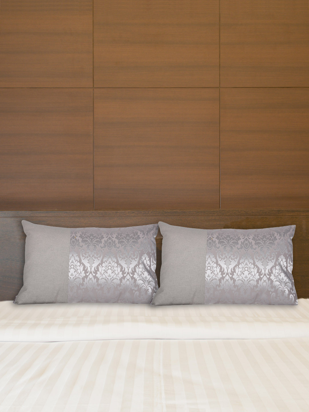 Home Damask Pack Of 2 Grey Cotton Jacquard Pillow Covers